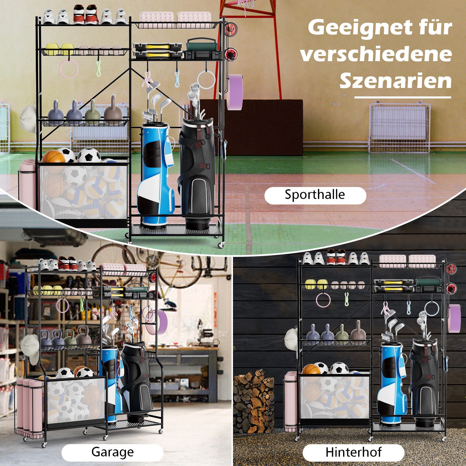 COSTWAY Sportgeräte-Regalwagen, Sportgeräteorganisator mit Regalen & Rädern günstig online kaufen