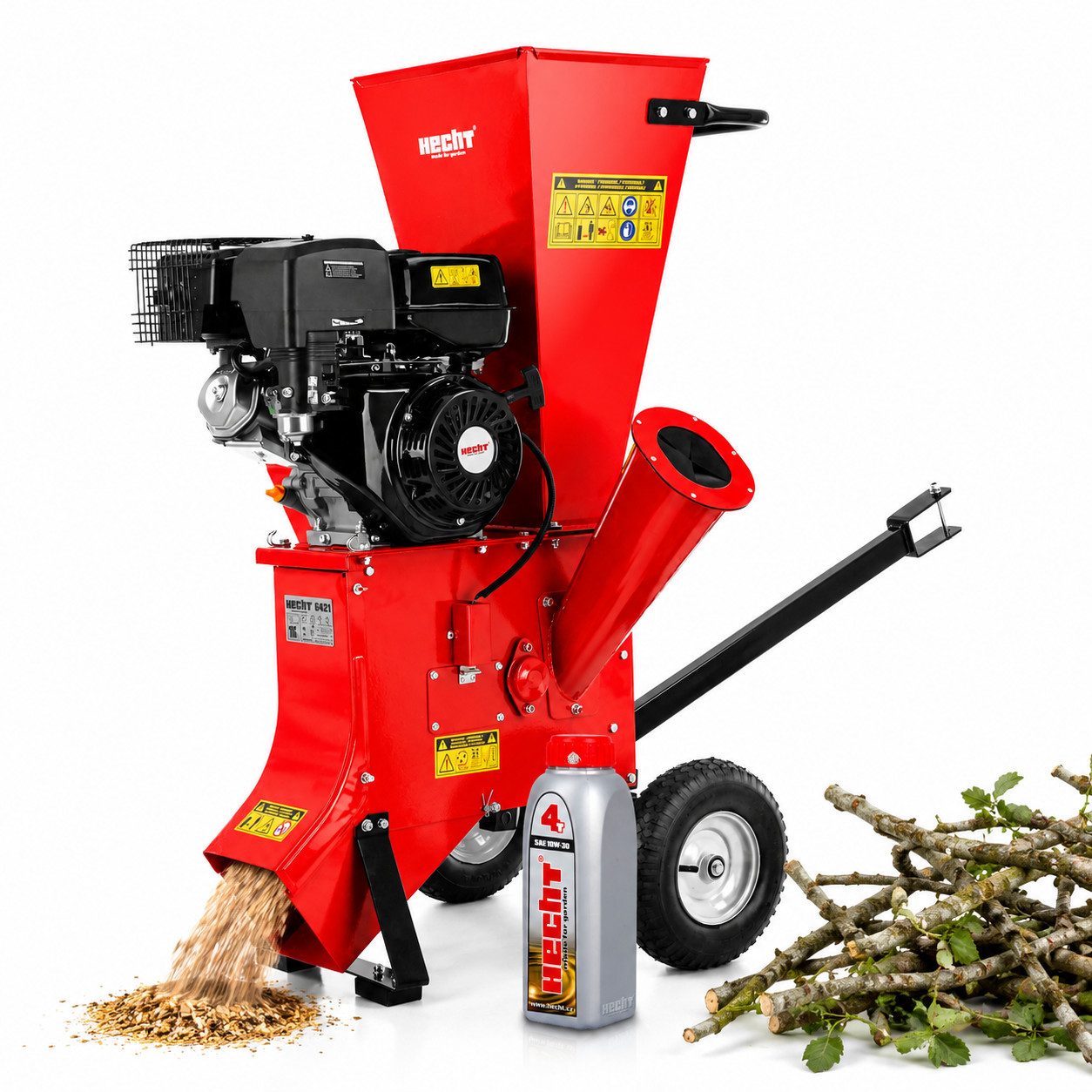 Hecht Messerhäcksler Gartenhäcksler Benzin 6421, 8,90 cm max. Astdurchmesser, 13 PS, 10 Häckselmessern, 389 cm³, Transporträder