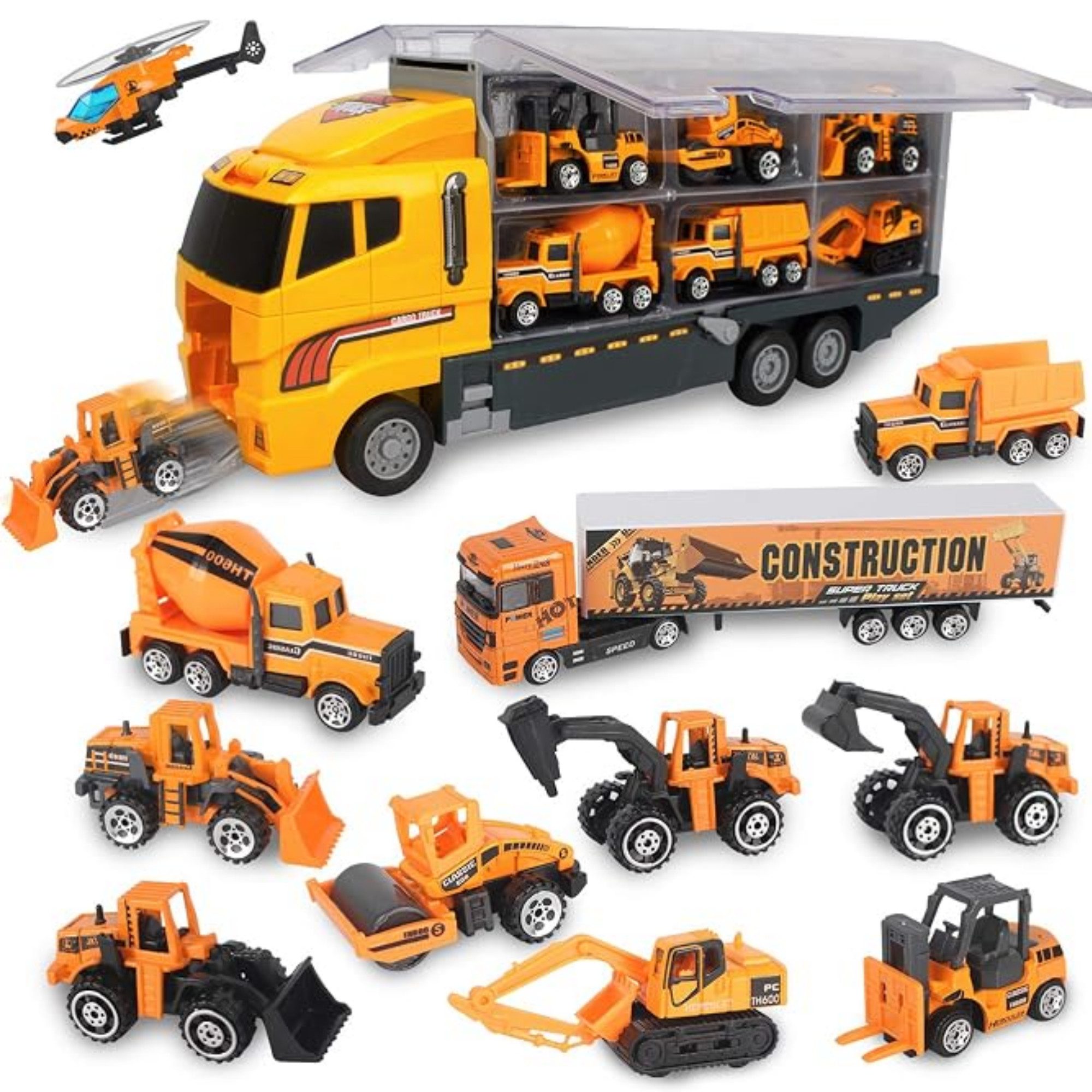 Vivitar Spielzeug-LKW 5-in-1 Spielzeugautos Baufahrzeug Spielzeug für Kleinkinder, (für Kinder ab 3 Jahren - Sicher und langlebig, Hochwertiger Kunststoff, abgerundete Kanten - Töne & Blinklicht, mit Friktionsantrieb: Einfach schieben für Transport+Rückzugsfunktion), Weihnachts- und Geburtstagsgeschenke für Jungen und Mädchen