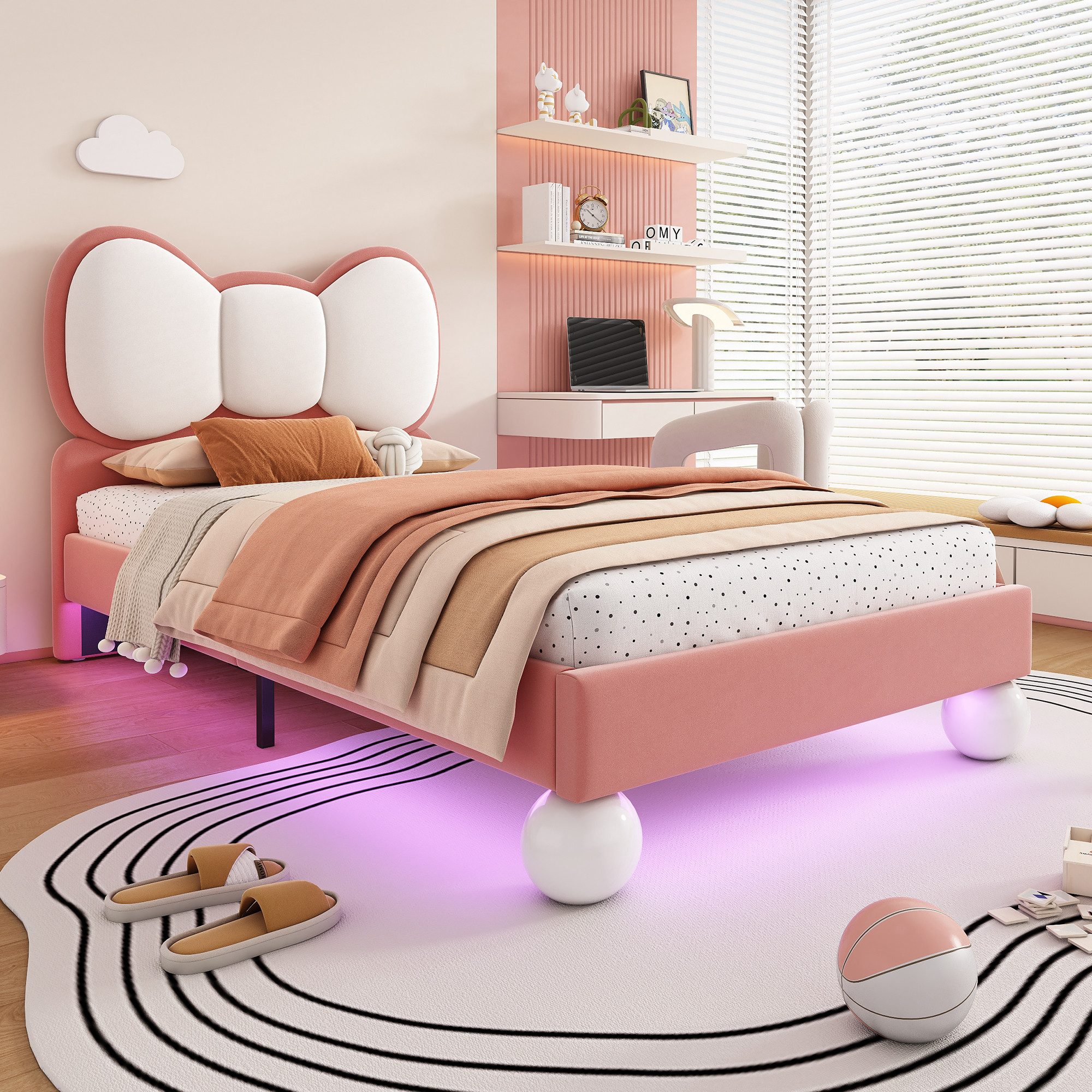 Flieks Polsterbett, Led Kinderbett Einzelbett 90x200cm mit Schleifeform-Kop günstig online kaufen