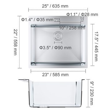 VEVOR Einbauspüle 635x558 mm Küchenspüle Einbauspüle Aufsatzbecken mit Einzelbecken, Aufsatzbecken Einzelwaschbecken 25 Zoll ohne Stufen