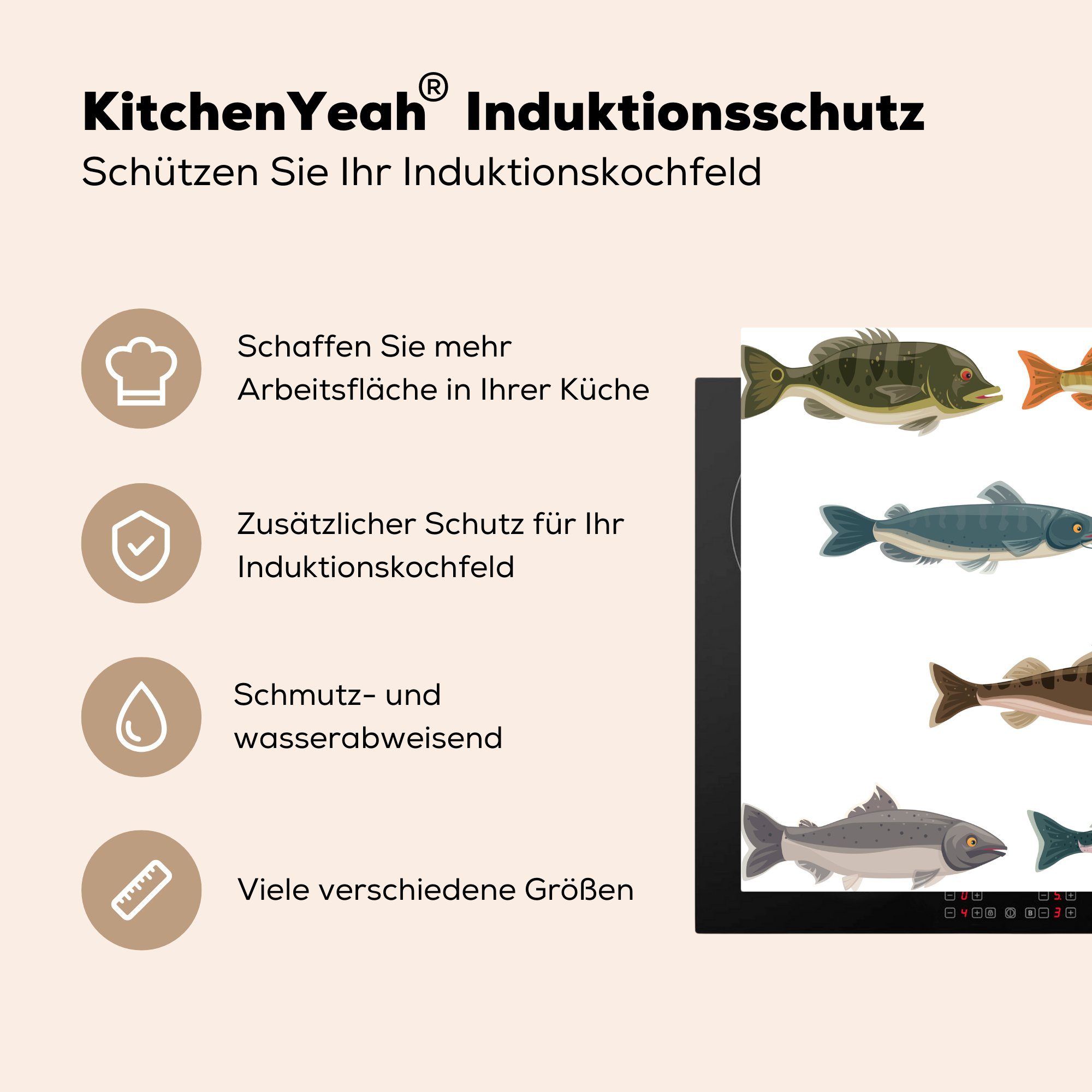Illustration sechs Fischen, Herdblende-/Abdeckplatte Arbeitsplatte von cm, Eine 78x78 Ceranfeldabdeckung, Vinyl, MuchoWow (1 tlg), küche farbigen für