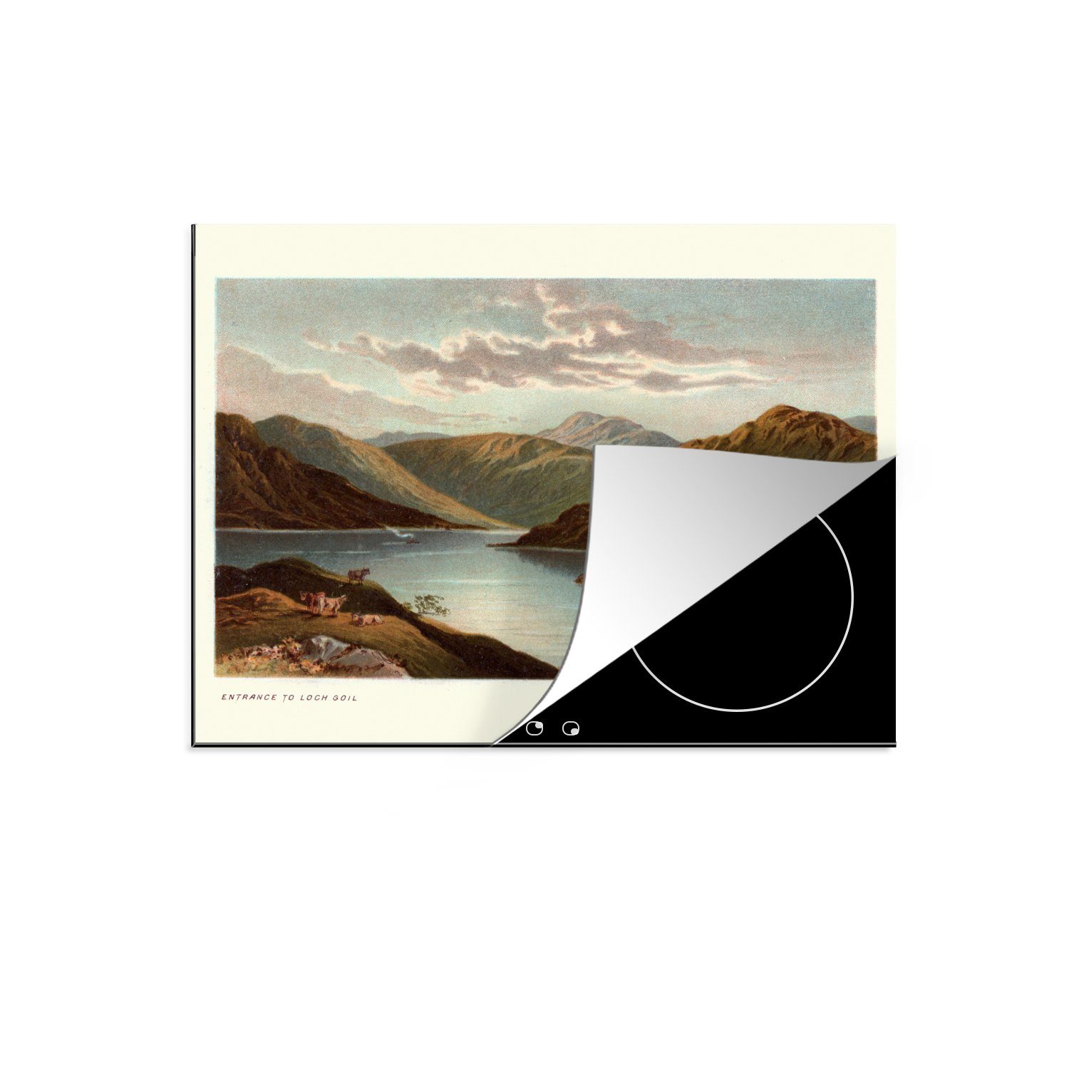 MuchoWow Herdblende-/Abdeckplatte Eine Ceranfeldabdeckung Arbeitsfläche Illustration Vinyl, 60x52 (1 tlg), nutzbar, einer cm, Mobile Berglandschaft, historische