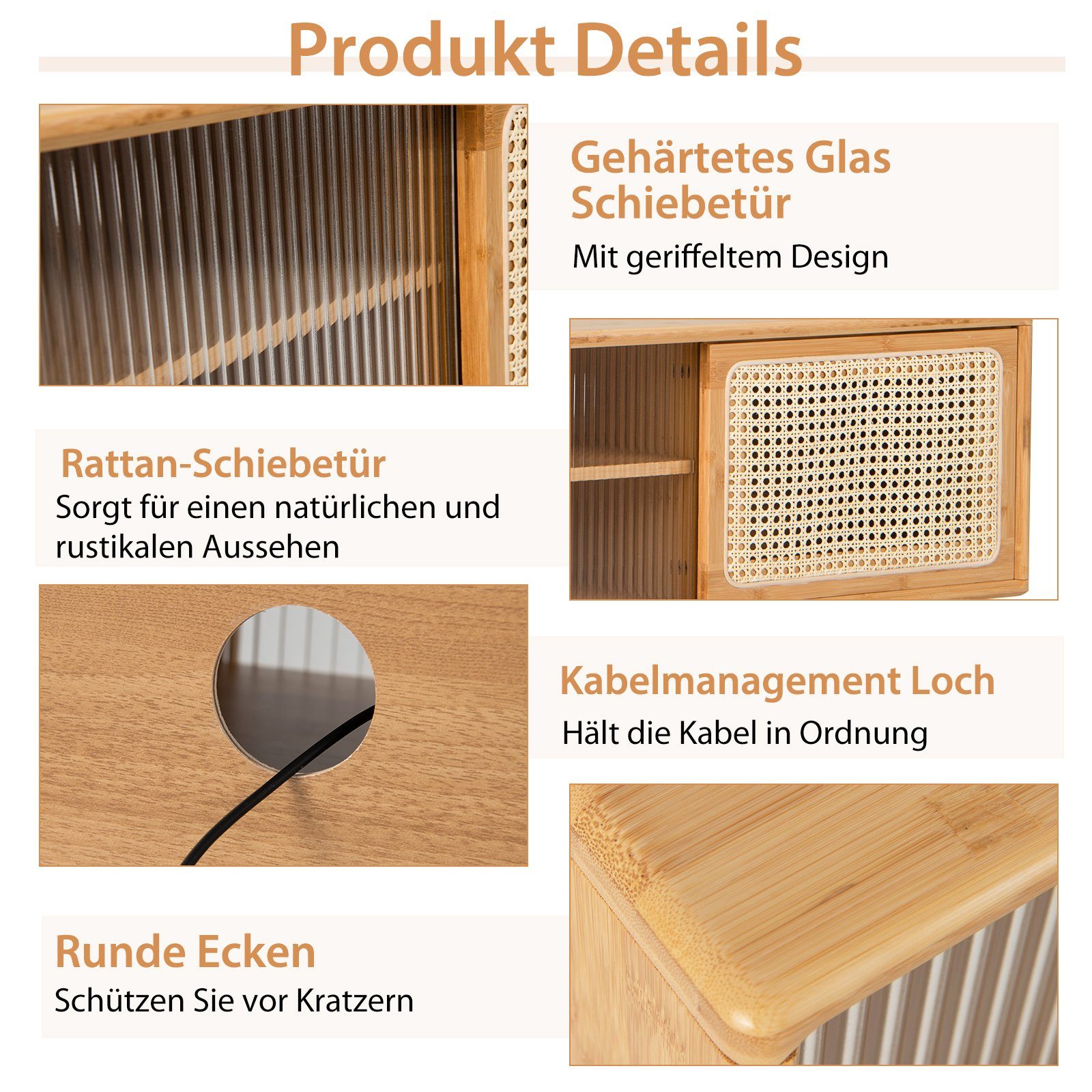 COSTWAY TV-Schrank mit 2 Schiebetüren, Glas und Bambus TV-Regal – Bild 4 von 5