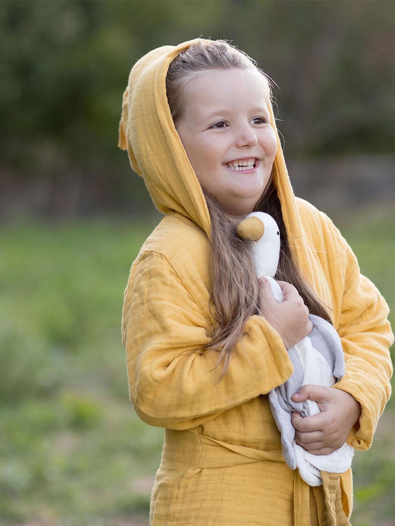 OrganicEra Kinderbademantel Kinder Bademantel Muslin aus bio-baumwolle, Langform, 100% Organic Cotton, Kapuze, Gürtel