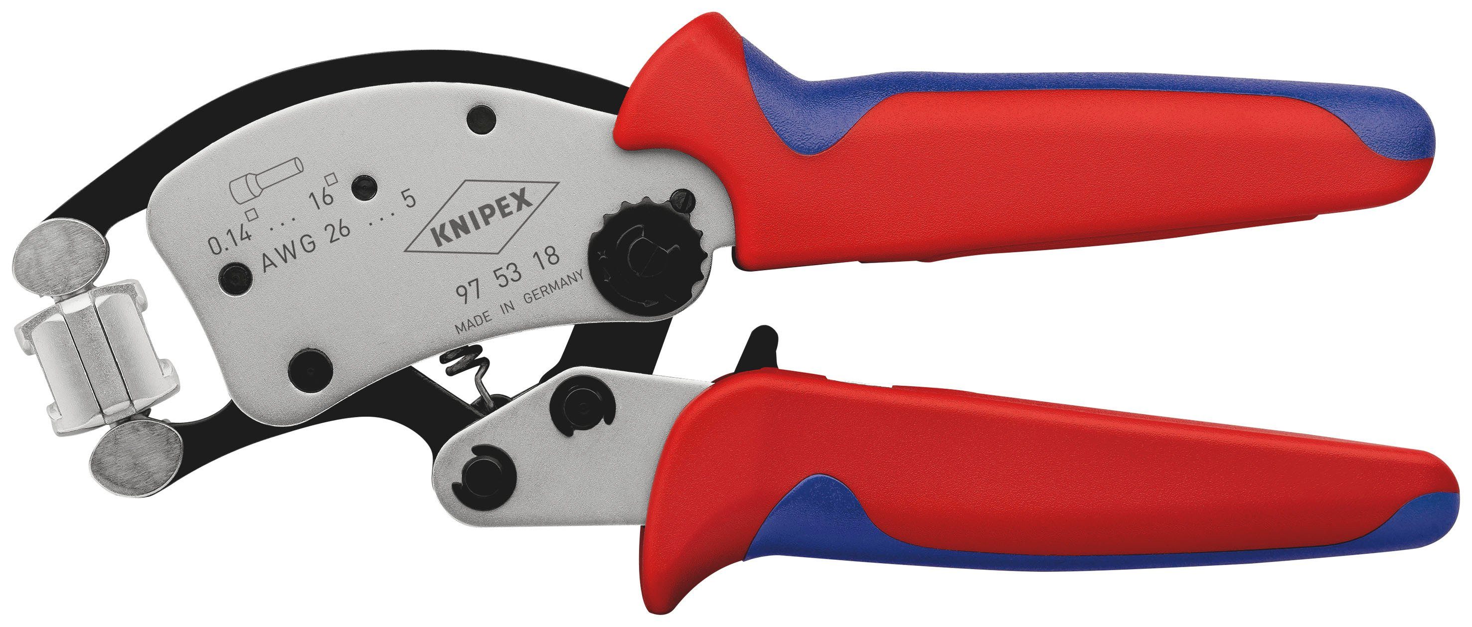 mit stellt sich 53 die mit verchromt, Knipex Mehrkomponenten-Hüllen automatisch Aderendhülsen Querschnitte 200 1-tlg., Crimpkopf, selbsteinstellend, drehbarem Crimpzange Twistor®16 mm, unterschiedlichen auf für 18 Crimpzange 97 ein