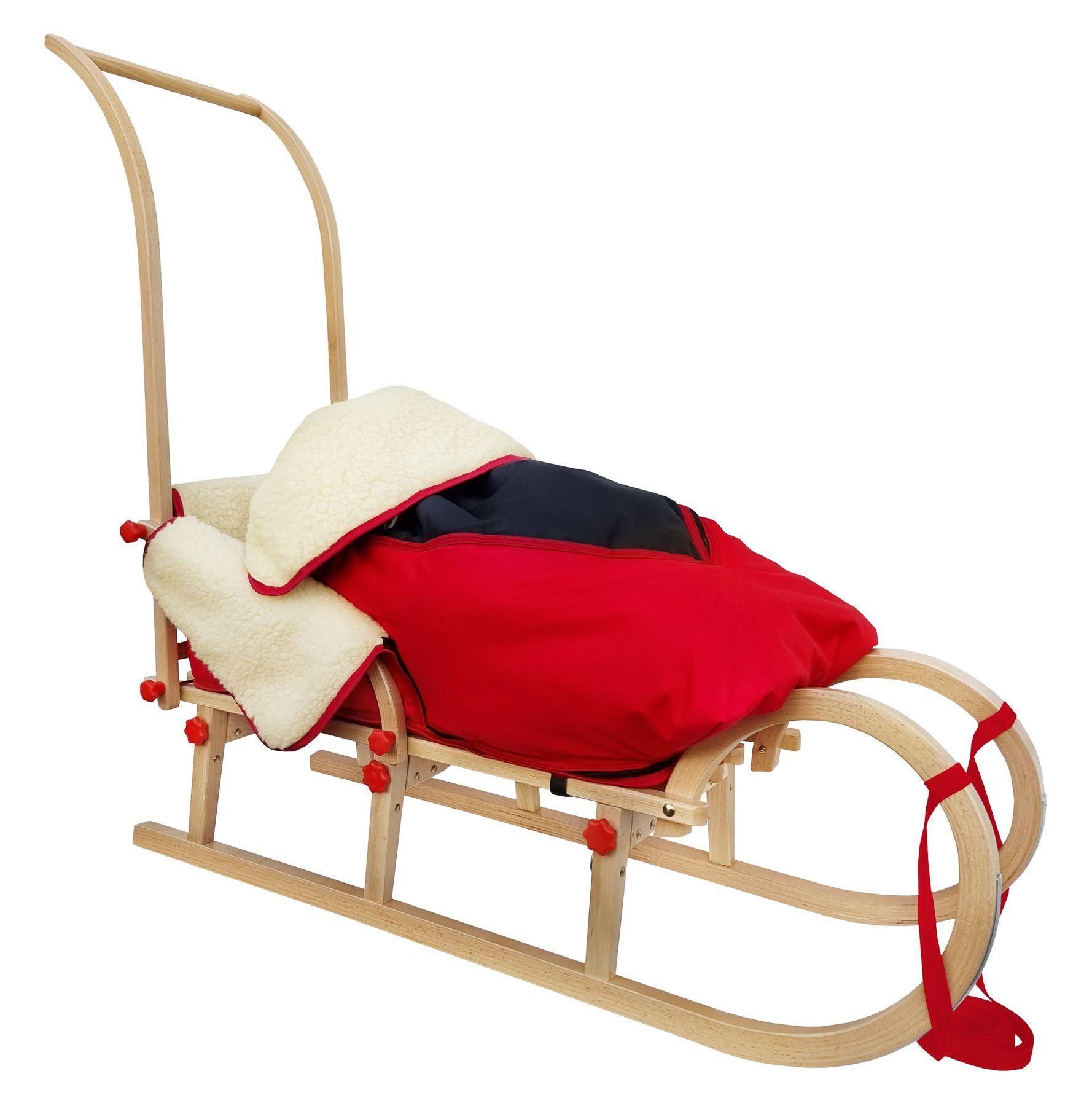 ERST-HOLZ Schlitten Rodelschlitten Rodel Schlitten aus Holz 110 (mit Schubstange und Fußsack rot), V-21-110 - mittlerer Schlitten 110 cm- mit wählbarem Zubehör