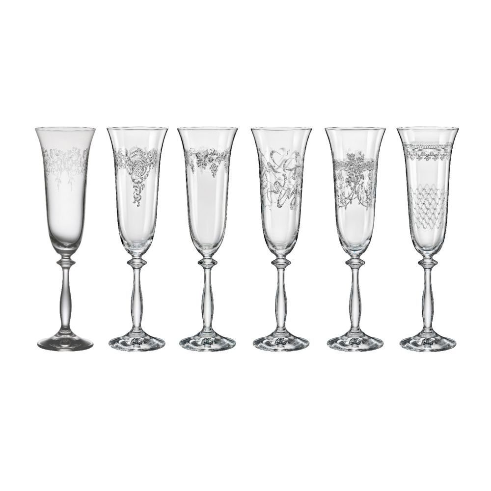 Crystalex Sektglas Royal mit unterschiedlichen Ornamenten, Kristallglas, Kristallglas, 6 Gläser mit verschiedenen Ornamenten, Pantografie