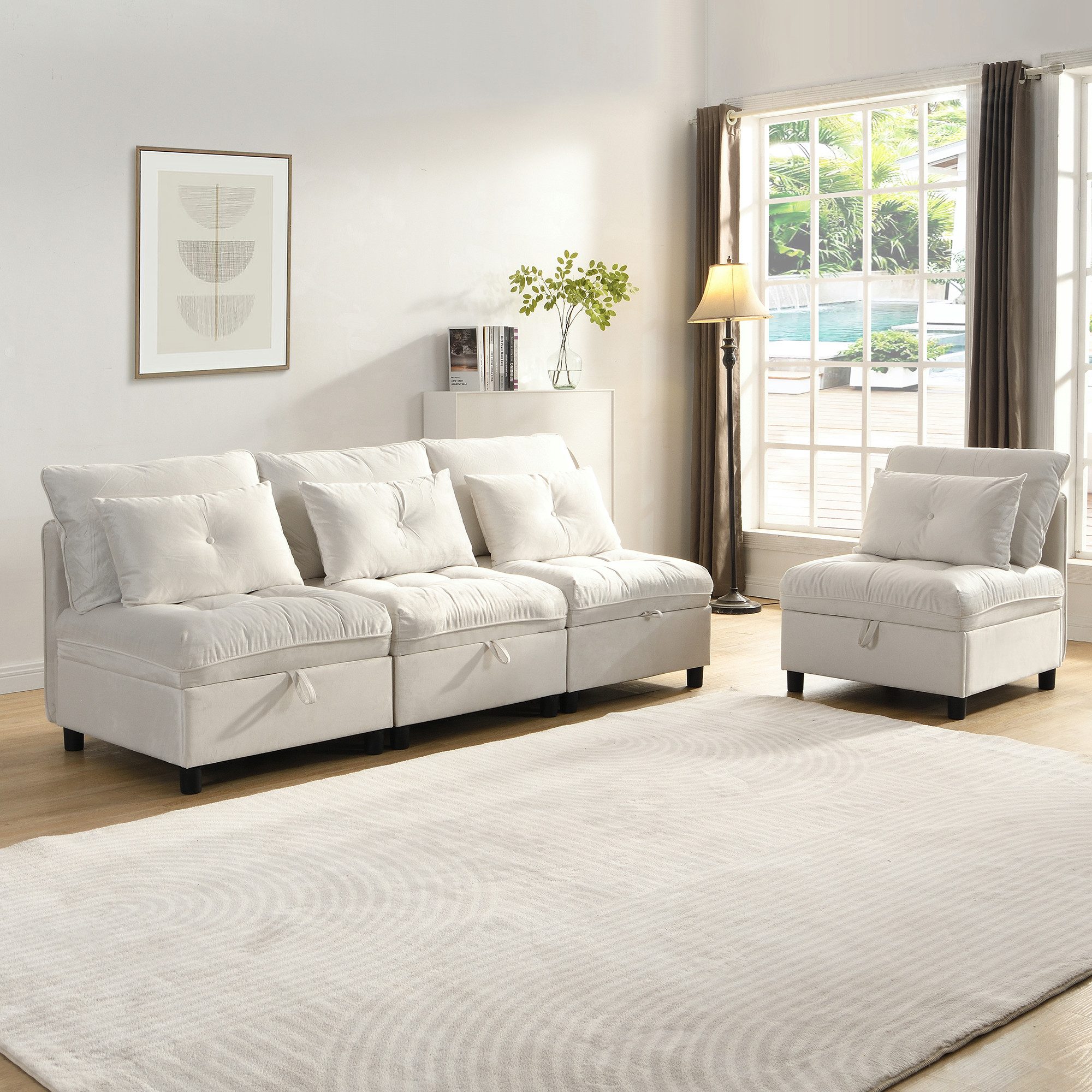 STILVORA Schlafsofa mit Kissen&Stauraum,Polstermöbel Sitzgruppe mit aus Chenille,Beige, Set, Frei kombinierbar