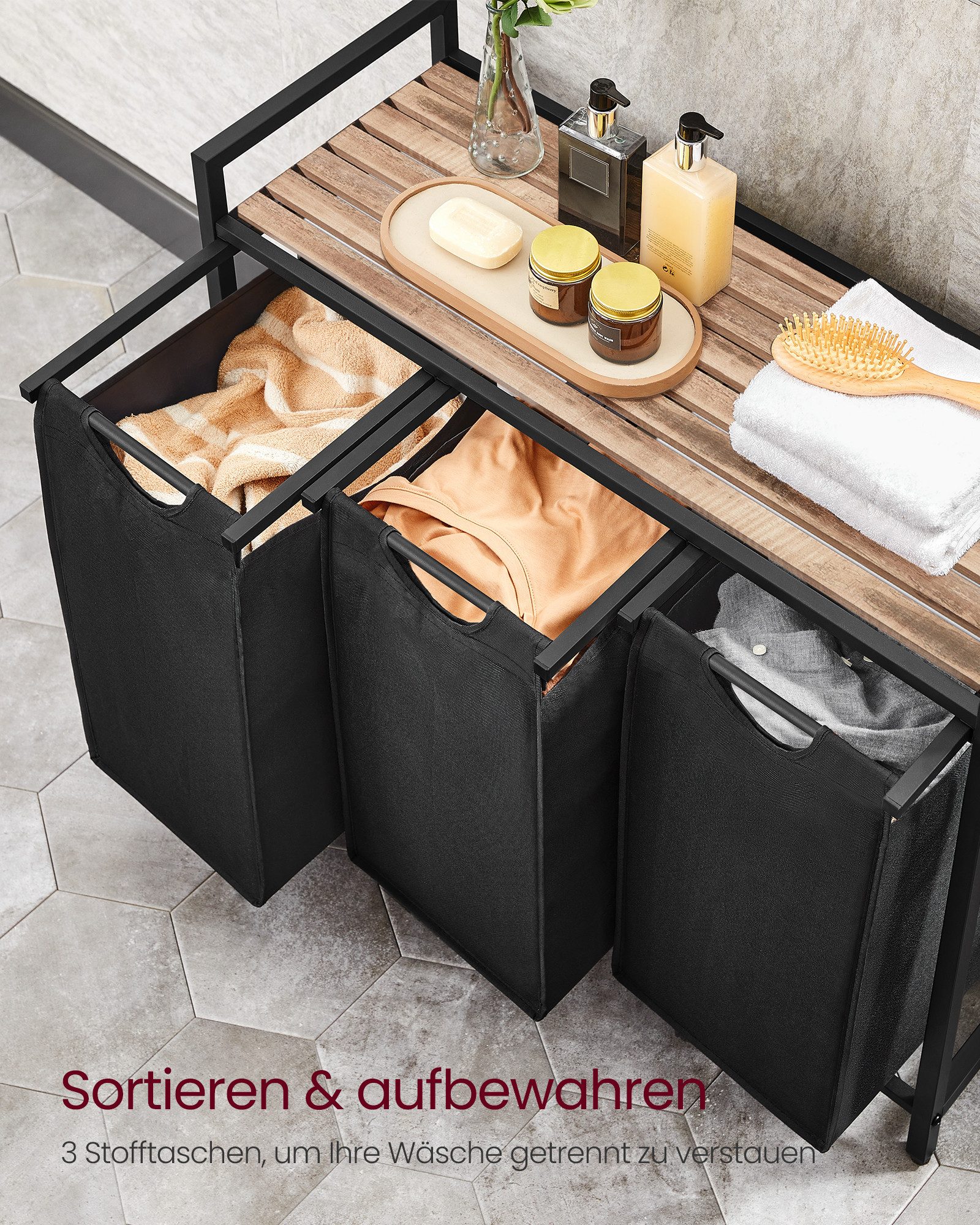 VASAGLE Wäschekorb, 3 Fächer, mit Ablage, ausziehbar und abnehmbar, 3 x 38 L