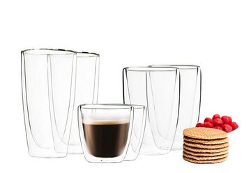 Sendez Thermoglas 6 Doppelwandige Gläser 2x450 2x200 2x90ml Kaffeegläser Thermogläser Set, Glas
