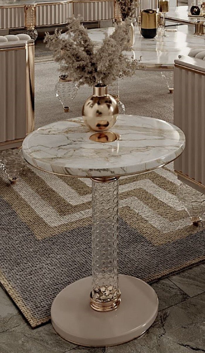Casa Padrino Beistelltisch Casa Padrino Luxus Art Deco Beistelltisch Weiß / Grau / Gold Ø 43 x H. 61 cm - Runder Tisch mit edler Kunstmarmor Tischplatte - Art Deco Wohnzimmer Möbel - Luxus Wohnzimmer Möbel