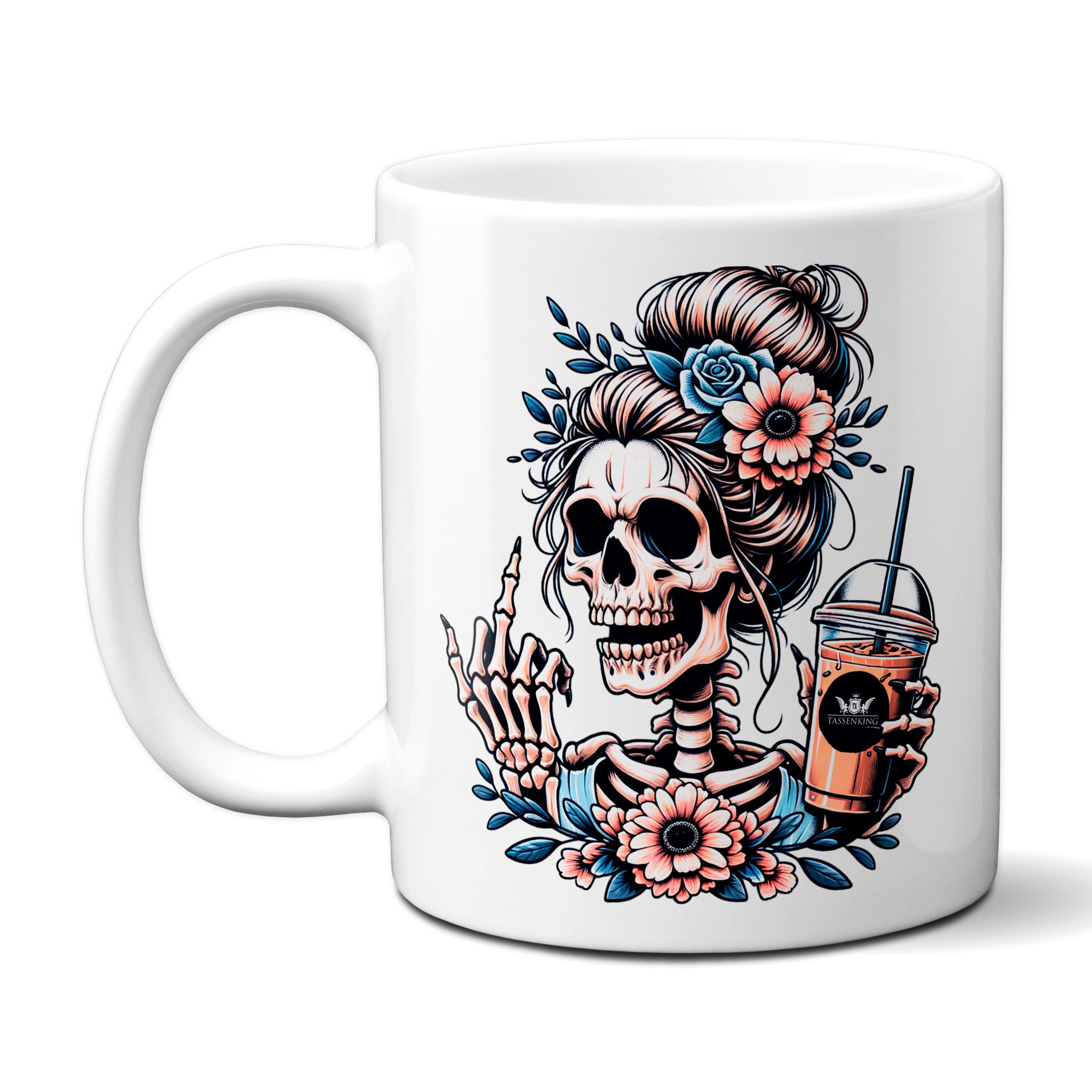 TASSENKING Tasse, Skull Frau mit Mittelfinger (FuckOff) und Kaffee / Weiß
