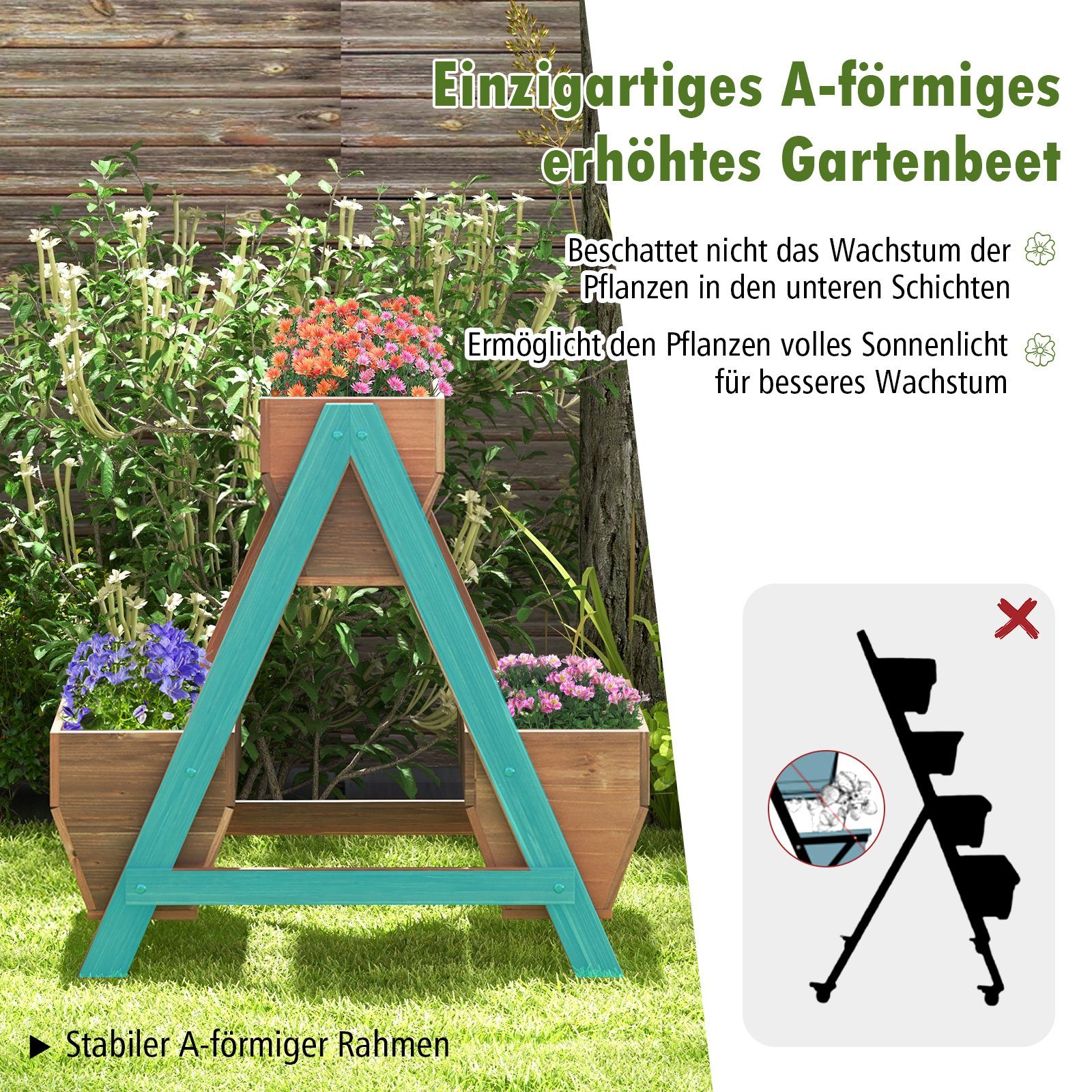 COSTWAY Hochbeet (1 St), 2 Etagen, mit 3 Pflanzkästen, 66x73x73 cm