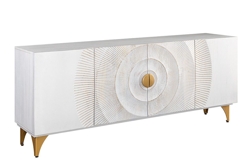 riess-ambiente Sideboard GOLDEN SUNSET 180cm weiß / gold - handmade, Mangoholz, Metallbeine (Einzelartikel, 1 St), Kommode mit 3D Front & Stauraum - ideal für moderne Wohnzimmer