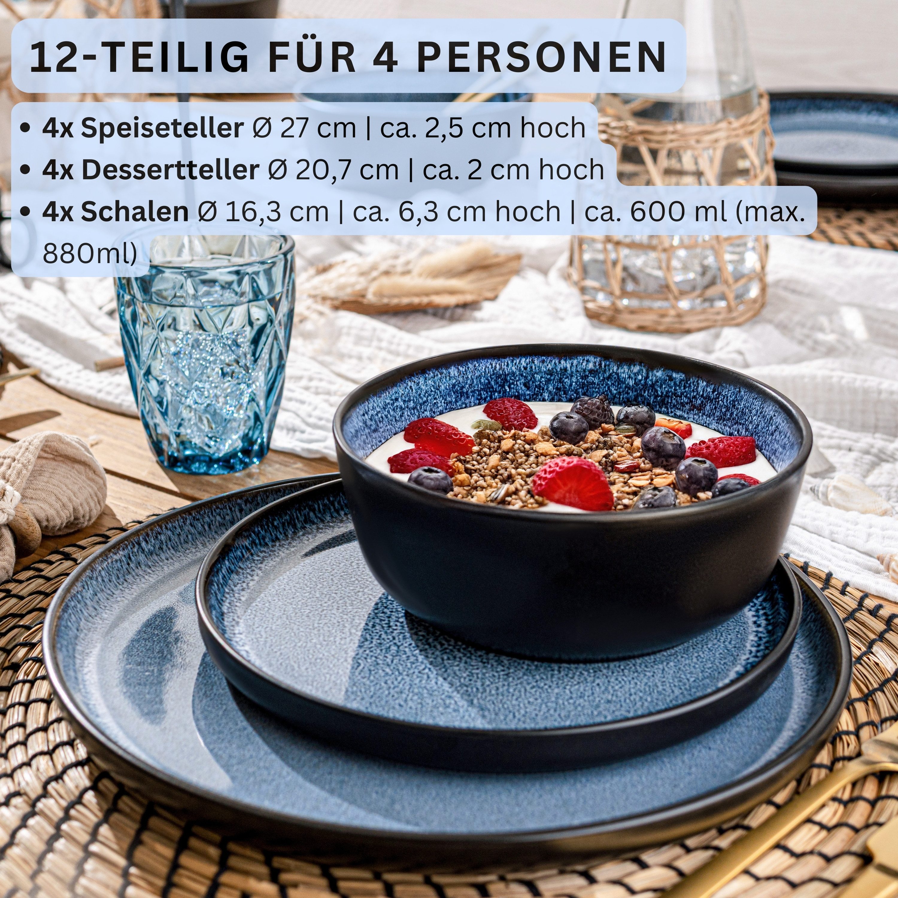 SÄNGER Tafelservice Aruba Geschirrset (18-tlg), 6 Personen, Steingut, blau mit schwarzem Rand, Handmade, Erweiterbar, VALUE COLLECTION