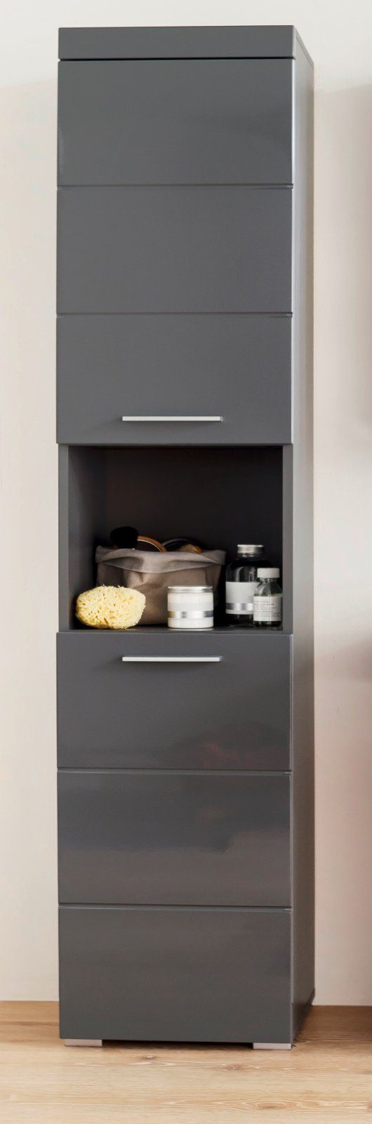 x grau, (Badschrank 37 in 190 cm) trendteam Hochschrank 2-türig, Amanda Hochglanz