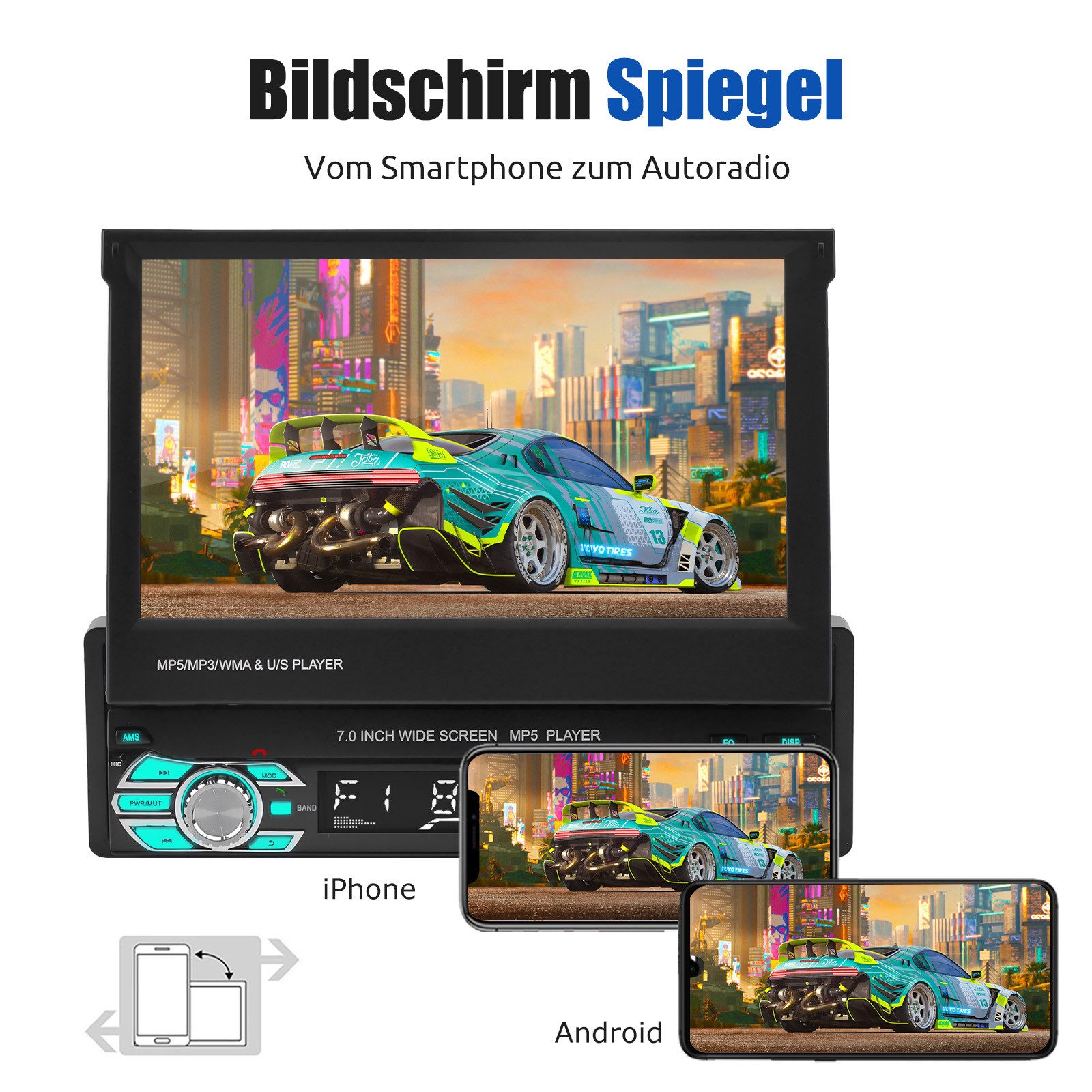 ESSGOO Autoradio 1 DIN 7" WinCE Flip Bildschirm Touchscreen Carplay BT RDS Navigationsgerät – Bild 5 von 5