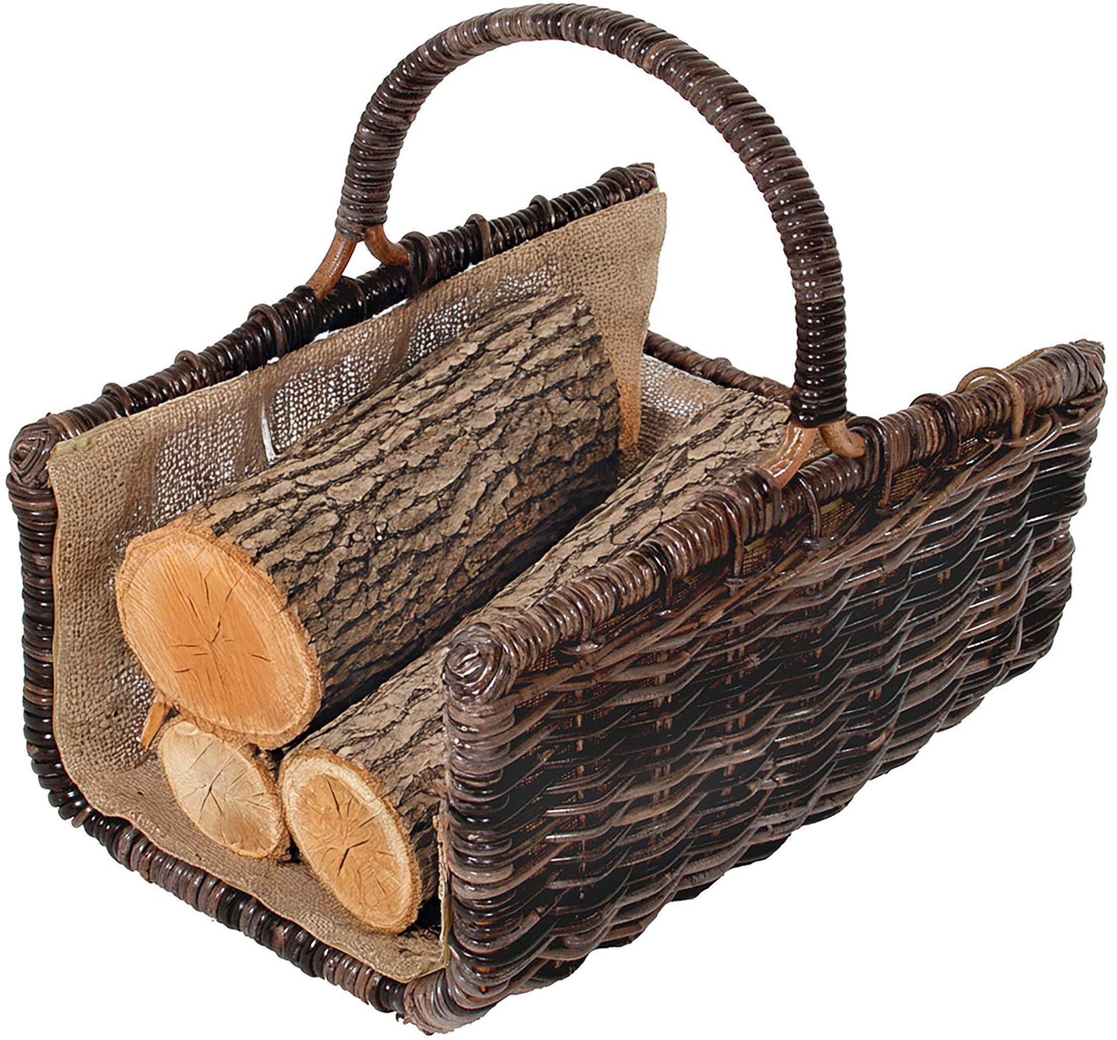 Kaminholzkorb Holztrage aus Rattan mit Jutestoff ausgeschlagen