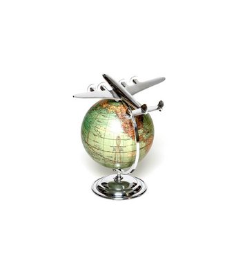 Brillibrum Dekoobjekt Globus mit Flugzeug Art Déco Antiklook Modellflugzeug Erde Welt Weltkugel Erdkugel Deko Flieger Silber Kugel