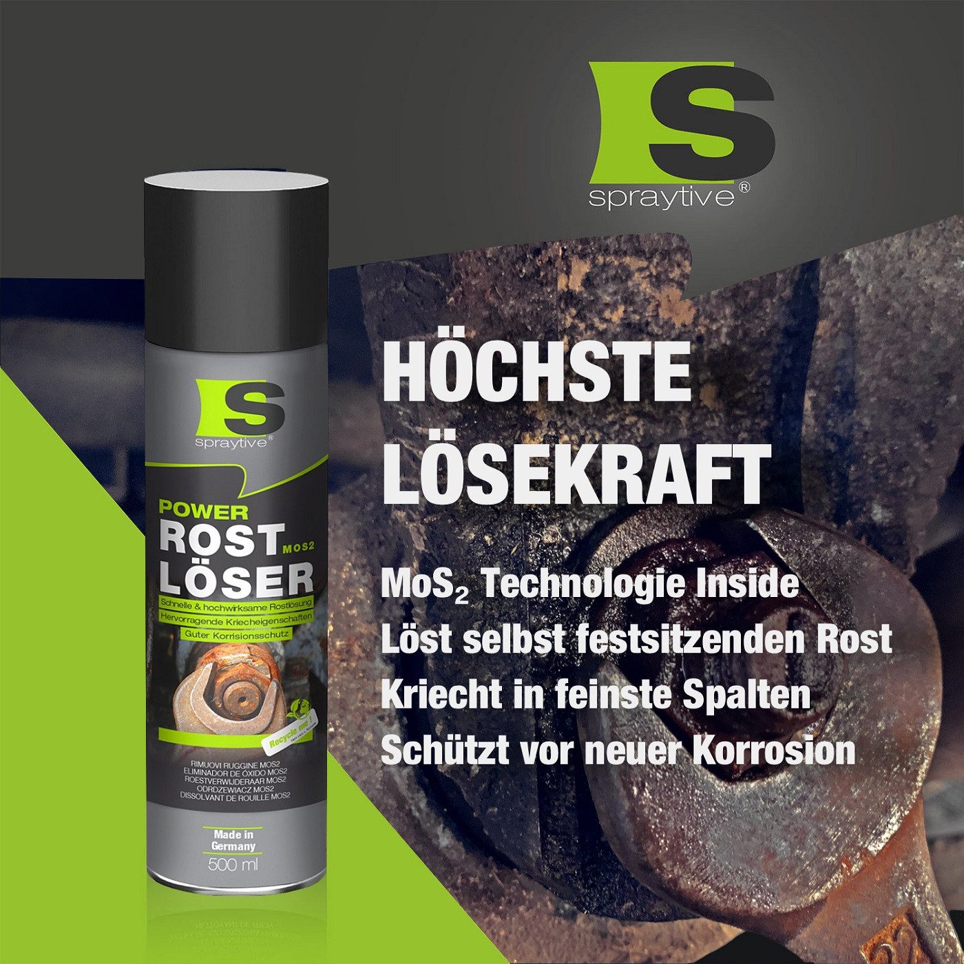 Spraytive 1x 500ml Rostlöser MoS₂ Spray – Schnellrostlöser mit Korrosionsschutz Rostentferner (Made in Germany)