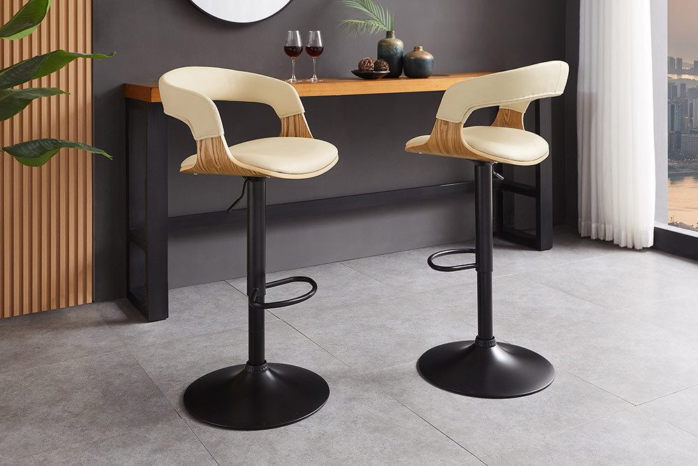 riess-ambiente Barhocker MANHATTAN creme beige/natur/schwarz - höhenverstellbar, 360° drehbar (Einzelartikel, 1 St), Barstuhl aus Kunstleder & Metall mit Lehne - ideal für Kücheninseln