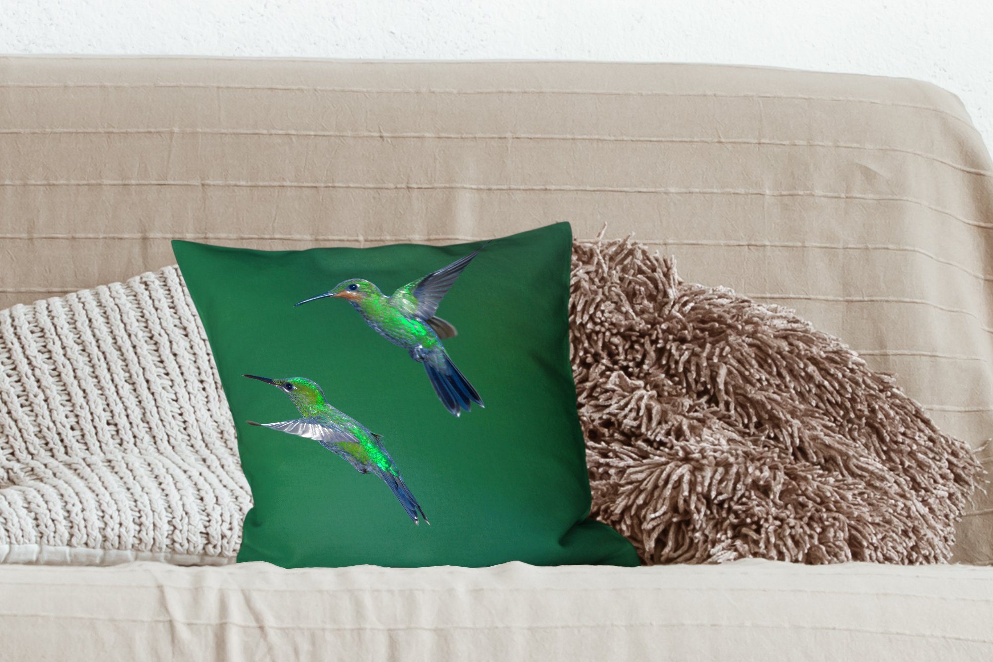 Vögel für Füllung Sofakissen Zierkissen - mit Schlafzimmer, Dekokissen Wohzimmer, Deko, Kolibri Grün, MuchoWow -