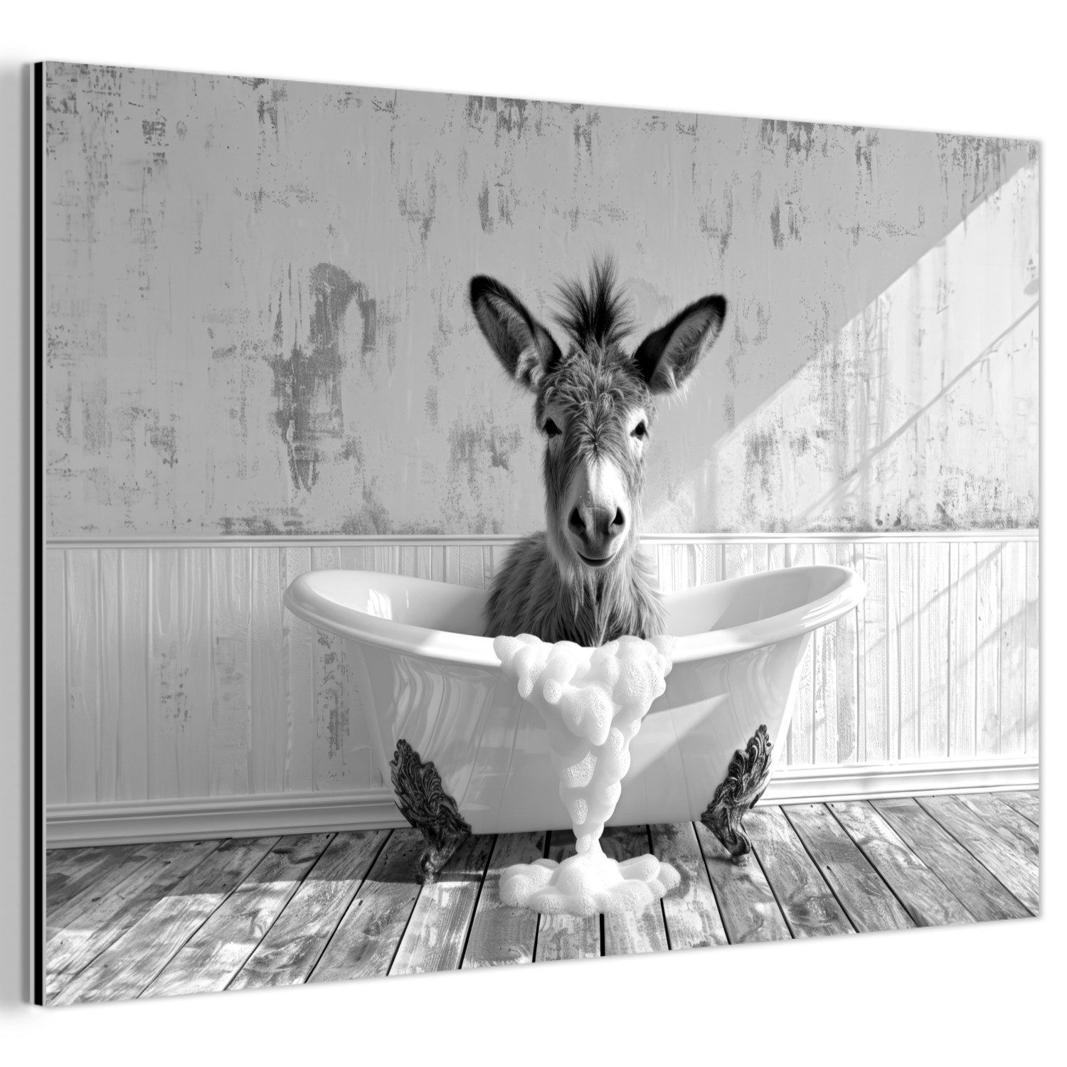 MuchoWow Metallbild Esel - Tier - Vintage - Badewanne - Schwarz - Weiß, Inkl. Aufhängung, Metallbilder Badezimmer, Toilette Bilder aus Metall, 120x80 cm