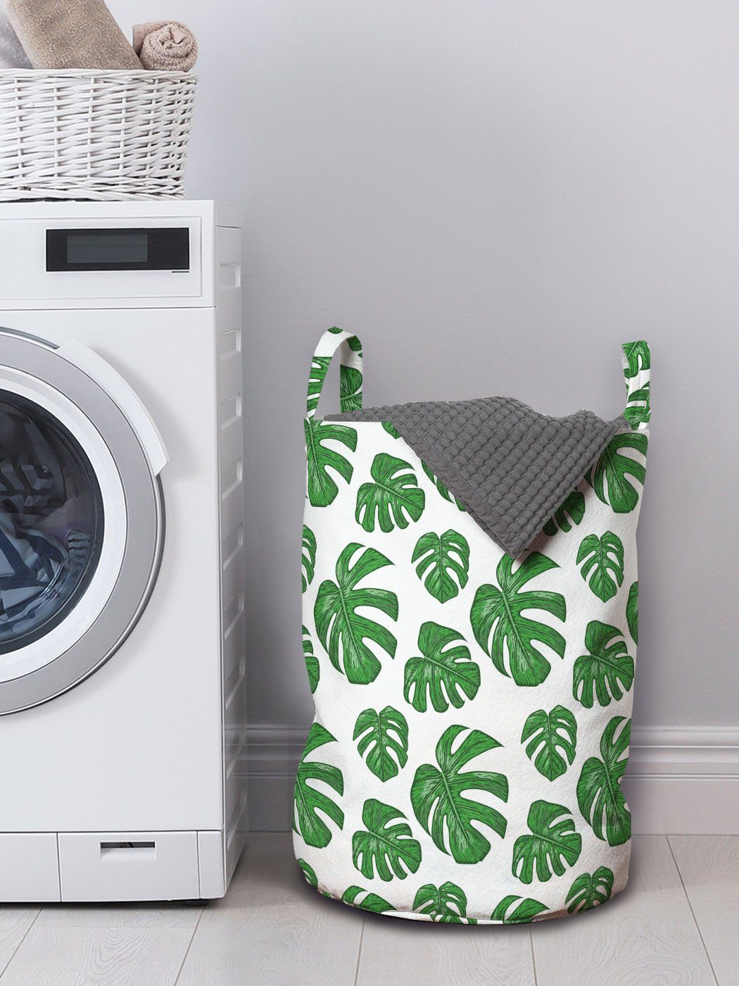 Waschsalons, für Wäschesäckchen Gezeichnet Abakuhaus Wäschekorb Griffen Blätter mit Philodendron Detaillierte Kordelzugverschluss