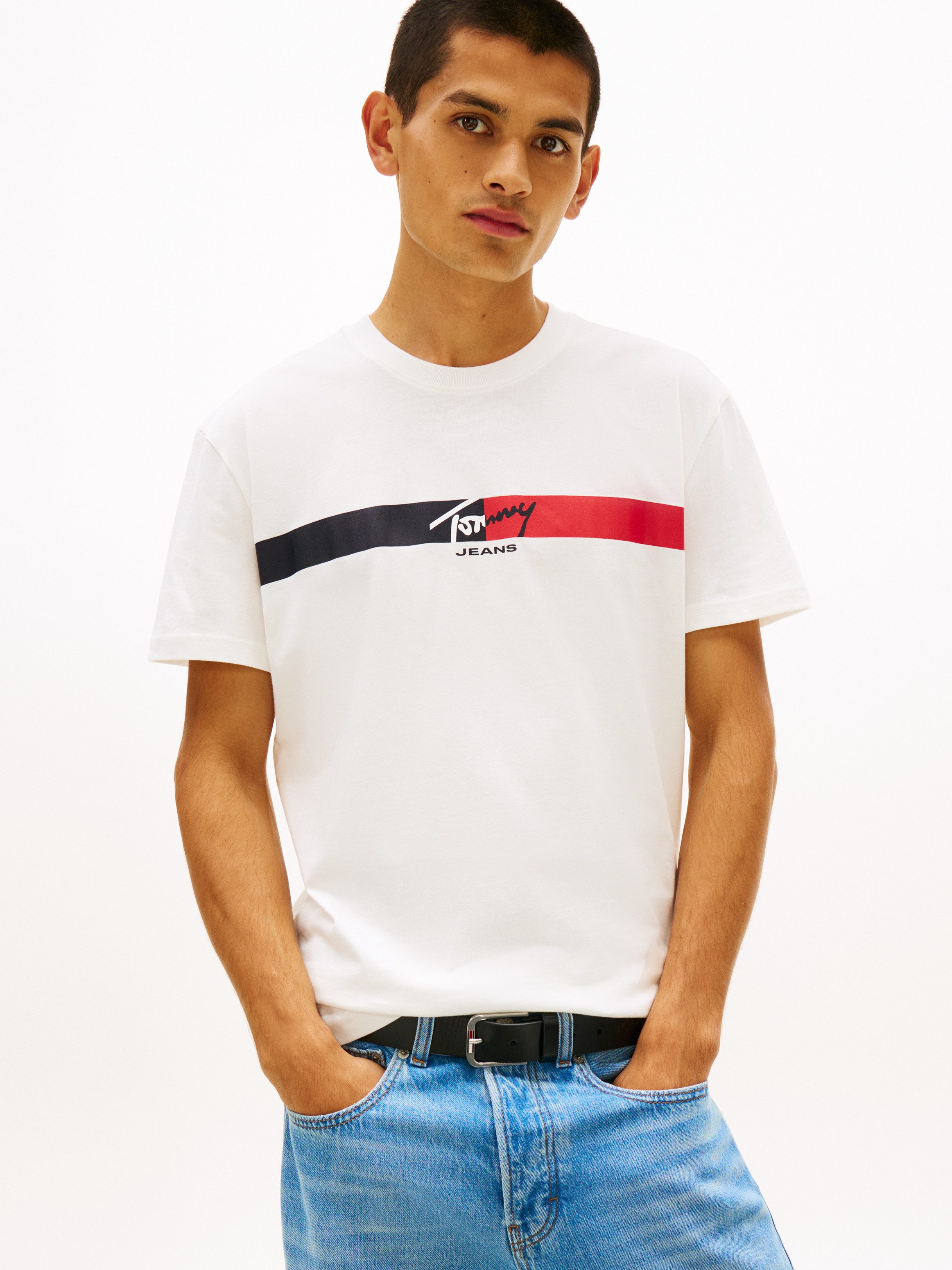 Tommy Jeans T-Shirt TJM REGULAR FIT SIGNATURE STRIPE mit Label-Print