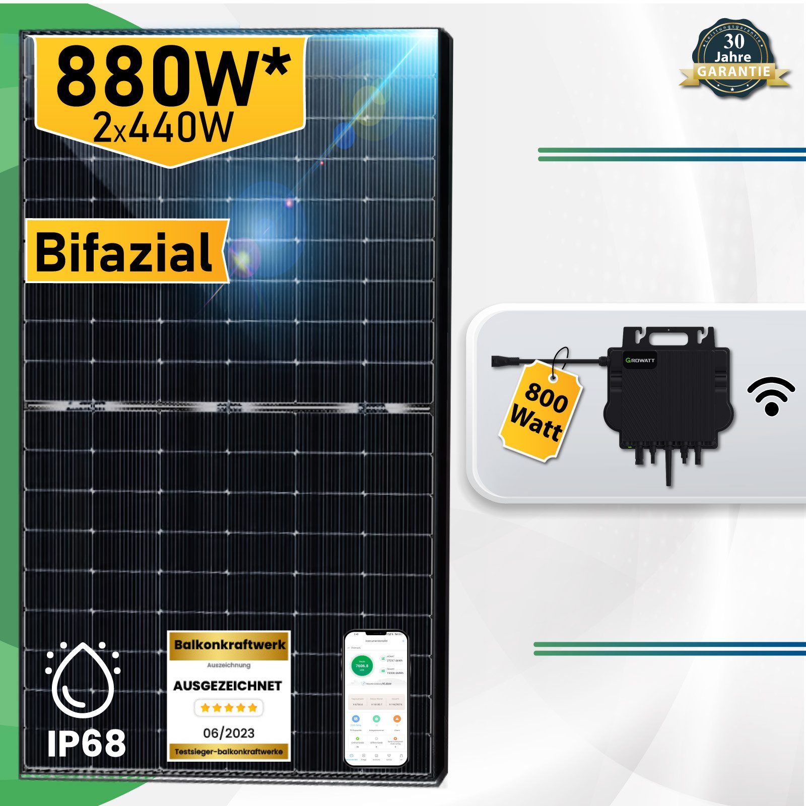 Stegpearl Solaranlage 880W/800W Balkonkraftwerk Plug & Play 440W Bifazial Photovoltaikanlage, 880,00 W, Bifaziale Zellen, (800 Watt upgradebarer NEO Wechselrichter 600W/800W), 2x440W Bifaziale Glas/Glas Solarmodule im Solaranlage Komplettset