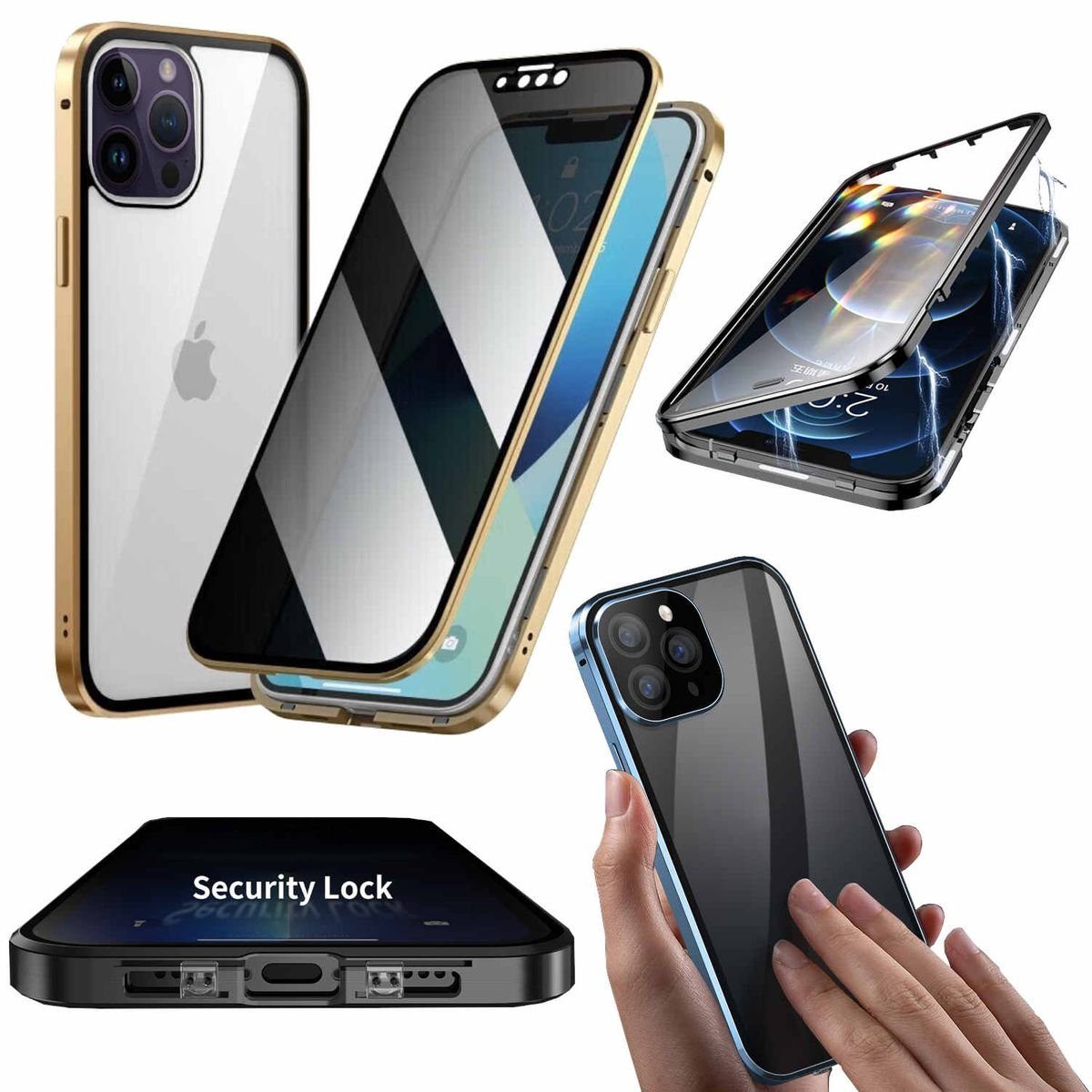 Wigento Handyhülle Beidseitiger 360 Grad Privacy Magnet / Glas Case Bumper  für Apple iPhone 14 Pro Max Handy Tasche Case Hülle Cover New Style