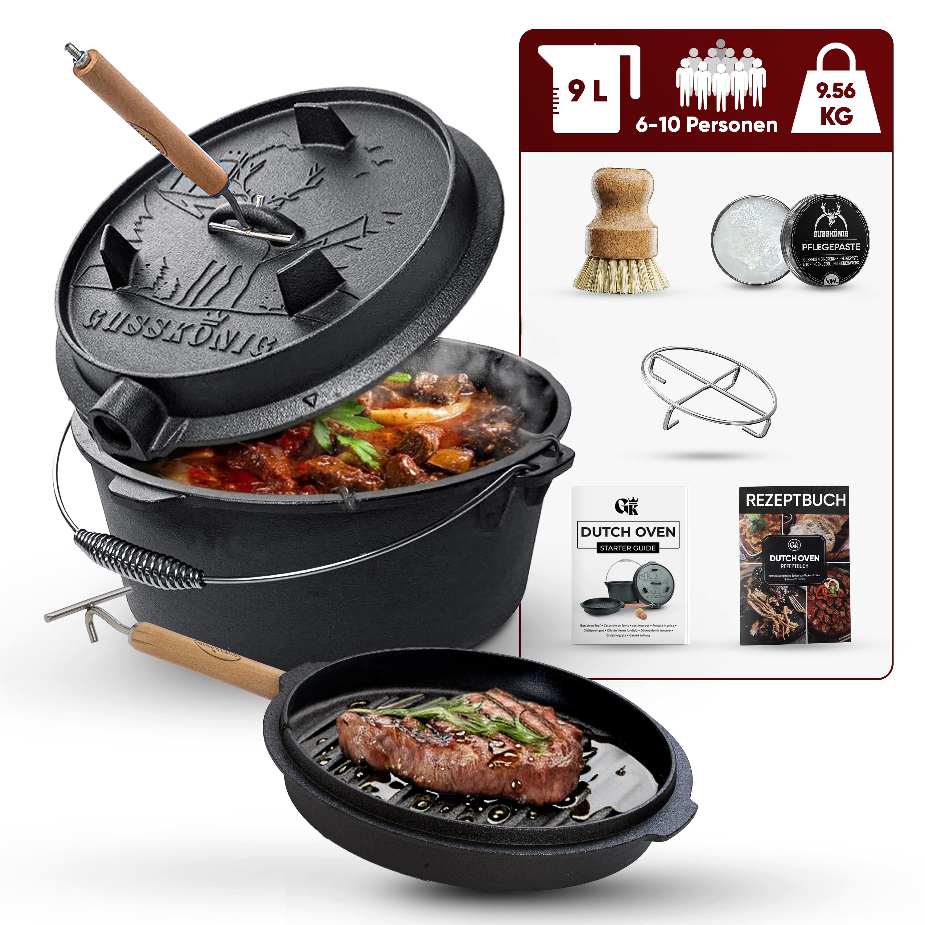 GUSSKÖNIG Grilltopf GUSSKÖNIG Dutch Oven Topf ohne Füßen 9Liter+Pflegepaste Untersetzer