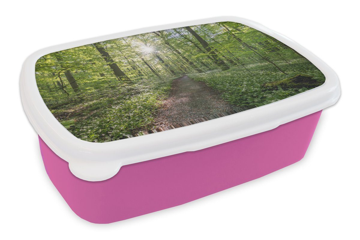 MuchoWow Lunchbox Buchen mit Waldweg, Kunststoff, (2-tlg), Brotbox für Erwachsene, Brotdose Kinder, Snackbox, Mädchen, Kunststoff rosa