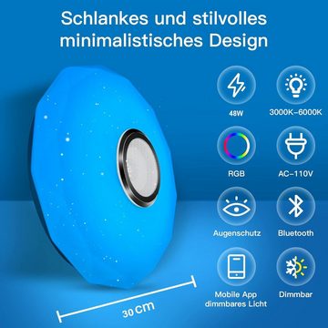 Sross Deckenleuchte Bluetooth Deckenlampe,48W Deckenleuchte mit Bluetooth Lautsprecher, LED Deckenlampe mit Fernbedienung oder APP-Steuerung, RGB Farbwechsel, mit Alexa und Google Assistant,für Wohnzimmer Schlafzimmer