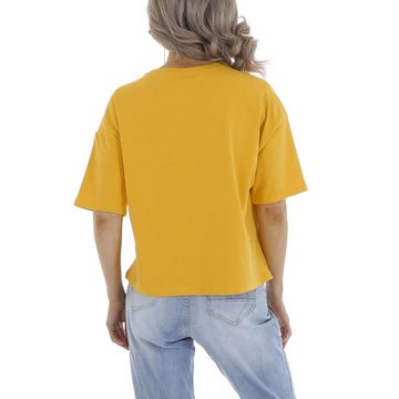 Ital-Design T-Shirt Damen Freizeit Glitzer Textprint Stretch T-Shirt in Gelb