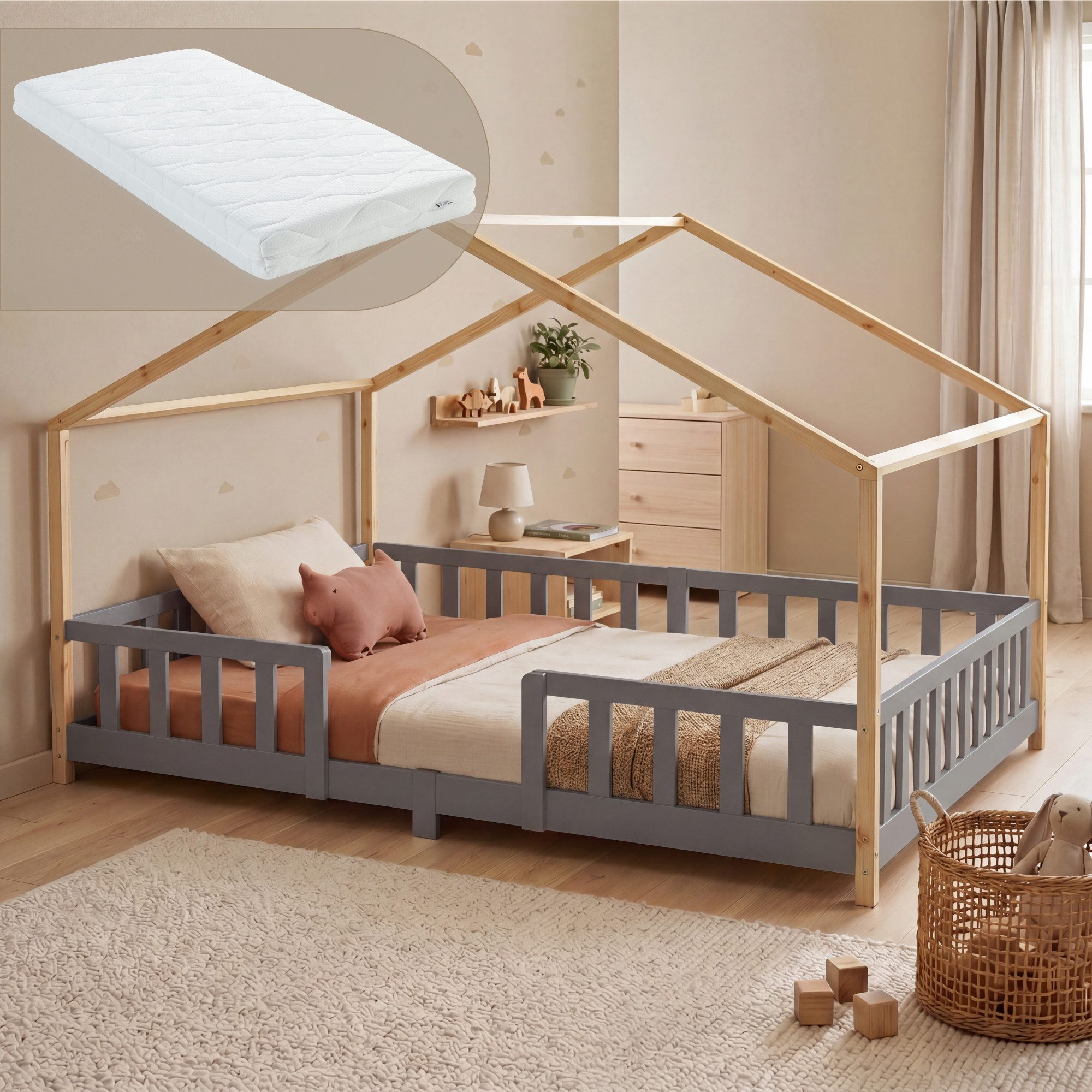 en.casa Kinderbett (Bett und Matratze), »Treviolo« mit Matratze Montessori Hellgrau/Natur 140x200 cm