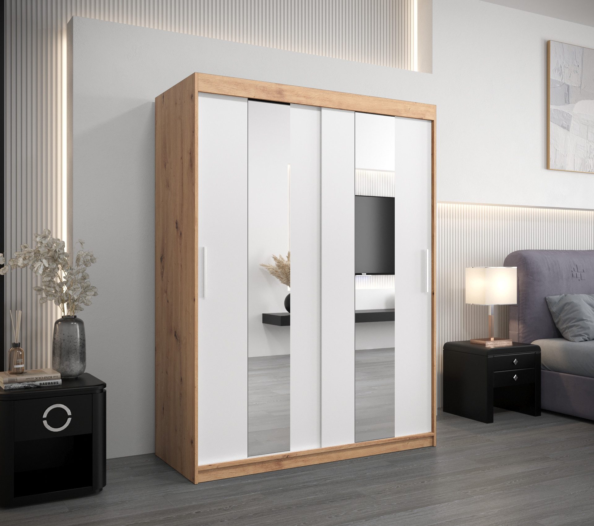 ABIKS MÖBEL Schwebetürenschrank POLE Schlafzimmerschrank - mit Spiegel, Kleiderstange und Regalen