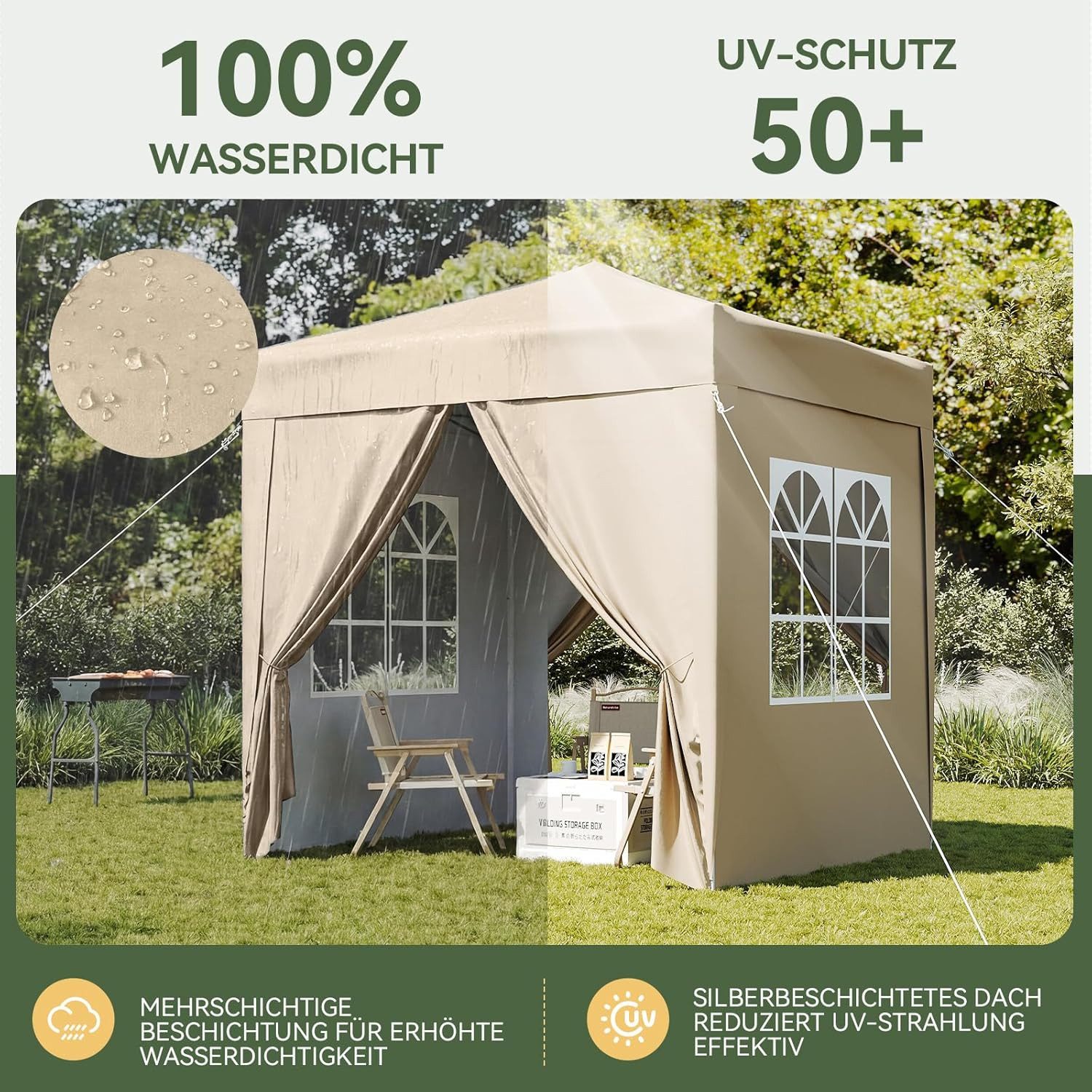 AOXUN Pavillon 2x2m Wasserdicht mit 4 Seitenwänden,Grau, für individuell anpassbare Belüftung, in drei Höhen verstellbar – Bild 3 von 5