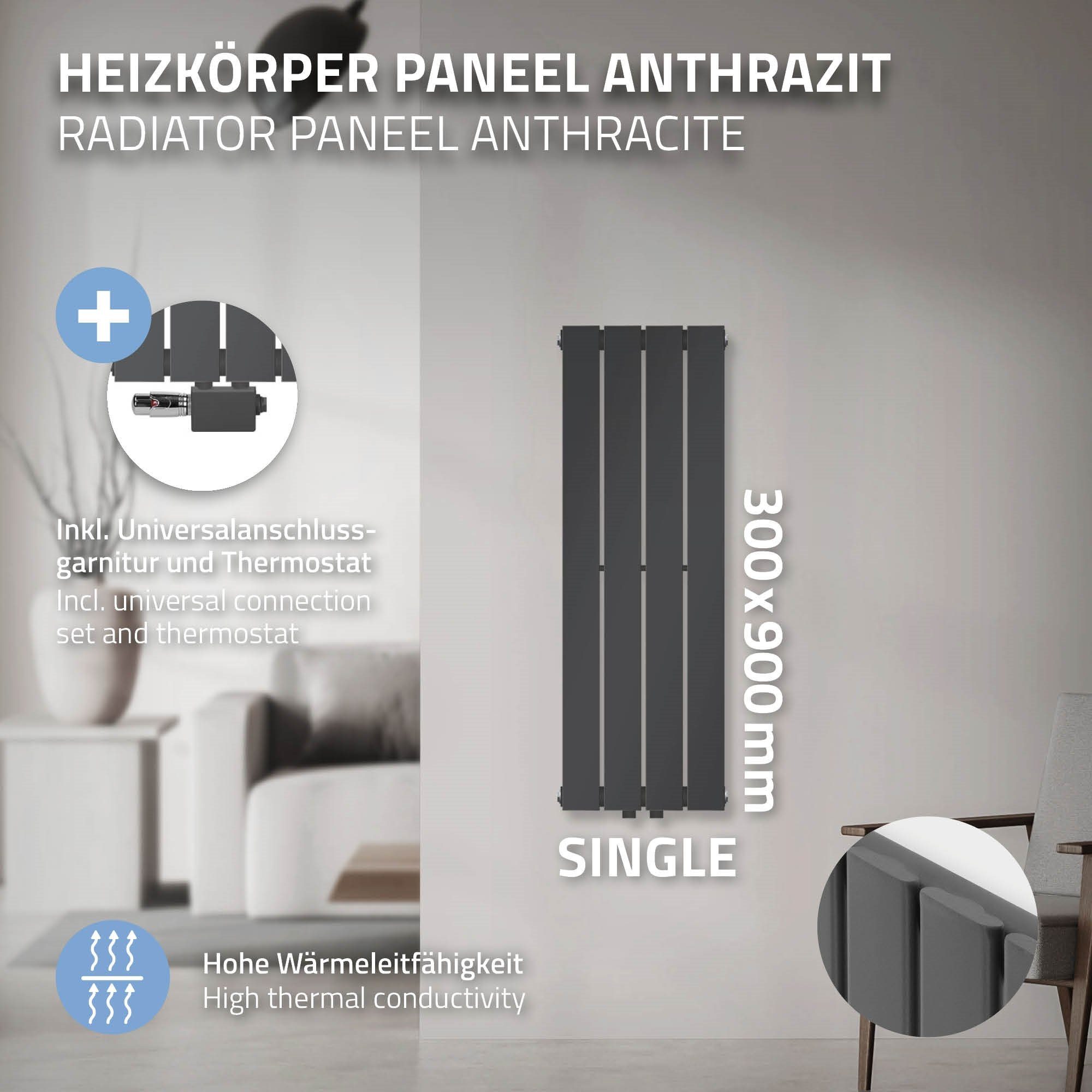 Mittelanschluss ML-DESIGN Heizkörper Paneelheizkörper Vertikalheizkörper Designheizkörper Flachheizkörper, Einlagig Anschlussarmatur 900x300mm Anthrazit