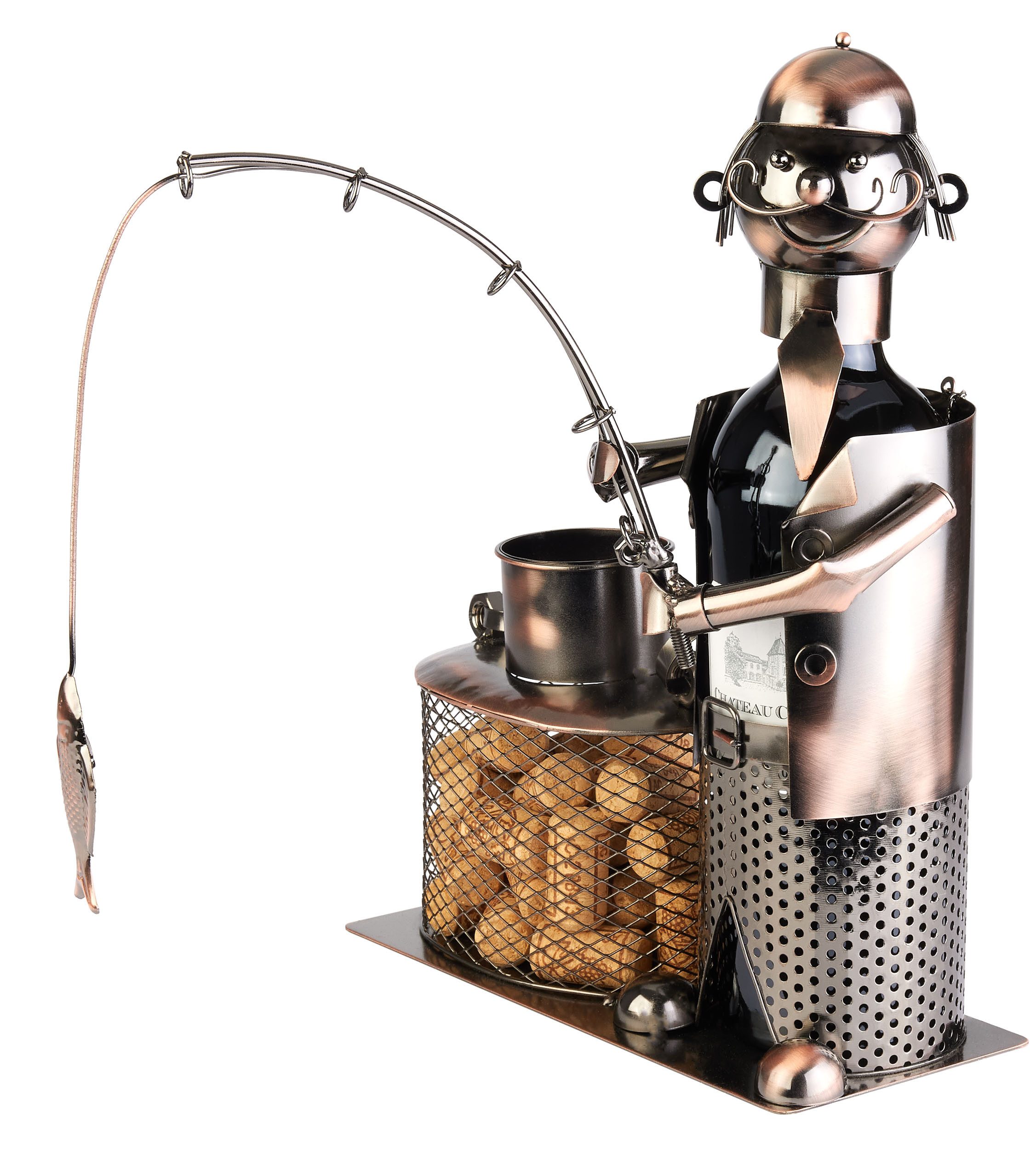 BRUBAKER Weinflaschenhalter Angler mit Fisch und Eimer für Korken Aufbewahrung - Flaschenhalter, (Geschenkset, 1-St., Geschenk Metallfigur), Weingeschenk Metall Flaschenständer mit Geschenkkarte - Kupferfarben