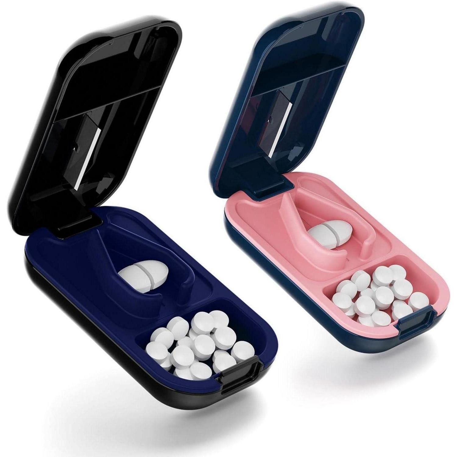 LuxusKollektion Pillendose Tablettenteiler Pillenteiler Halbe Viertel Blau schwarz