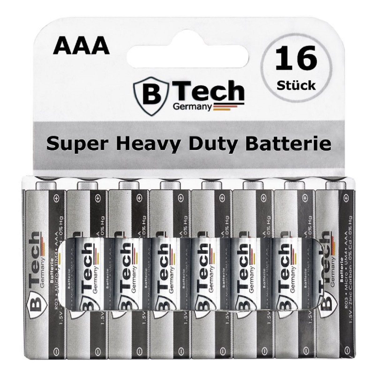 B-Tech „Super Heavy Duty“ AAA Micro‑Blister (16er-Pack, 1,5 V, Zn/C) Batterie
