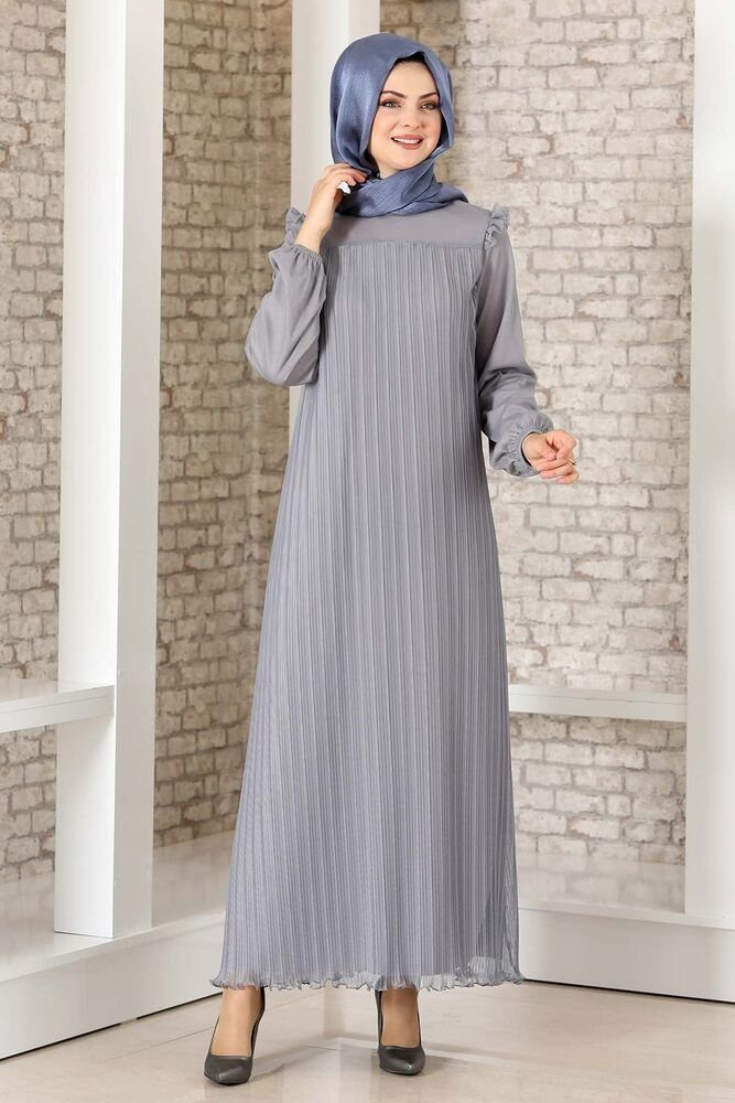 Hijab Schulterdetail Lady Modavitrini Abendkleid Falten-Optik Abiye Kleid Schulterdetail, Kleid mit Damen Grau Abaya