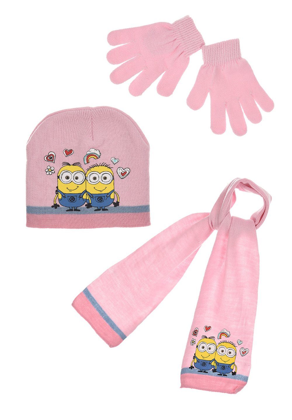 Minions Beanie Kinder Mädchen Winter-Set Schal Handschuhe Mütze (SET) Rosa