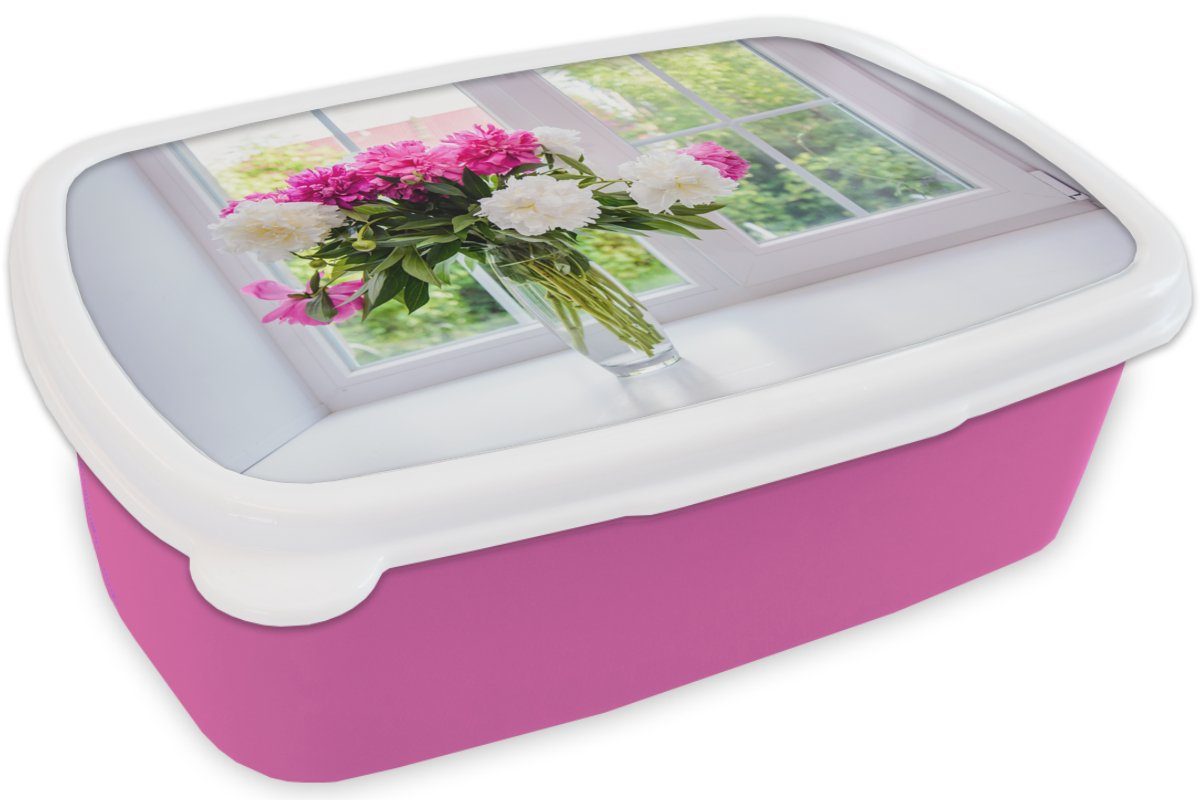 für Brotdose MuchoWow Snackbox, Kunststoff, Mädchen, Lunchbox Kinder, - - rosa (2-tlg), Pfingstrosen Vase, Blumen Kunststoff Brotbox Erwachsene,