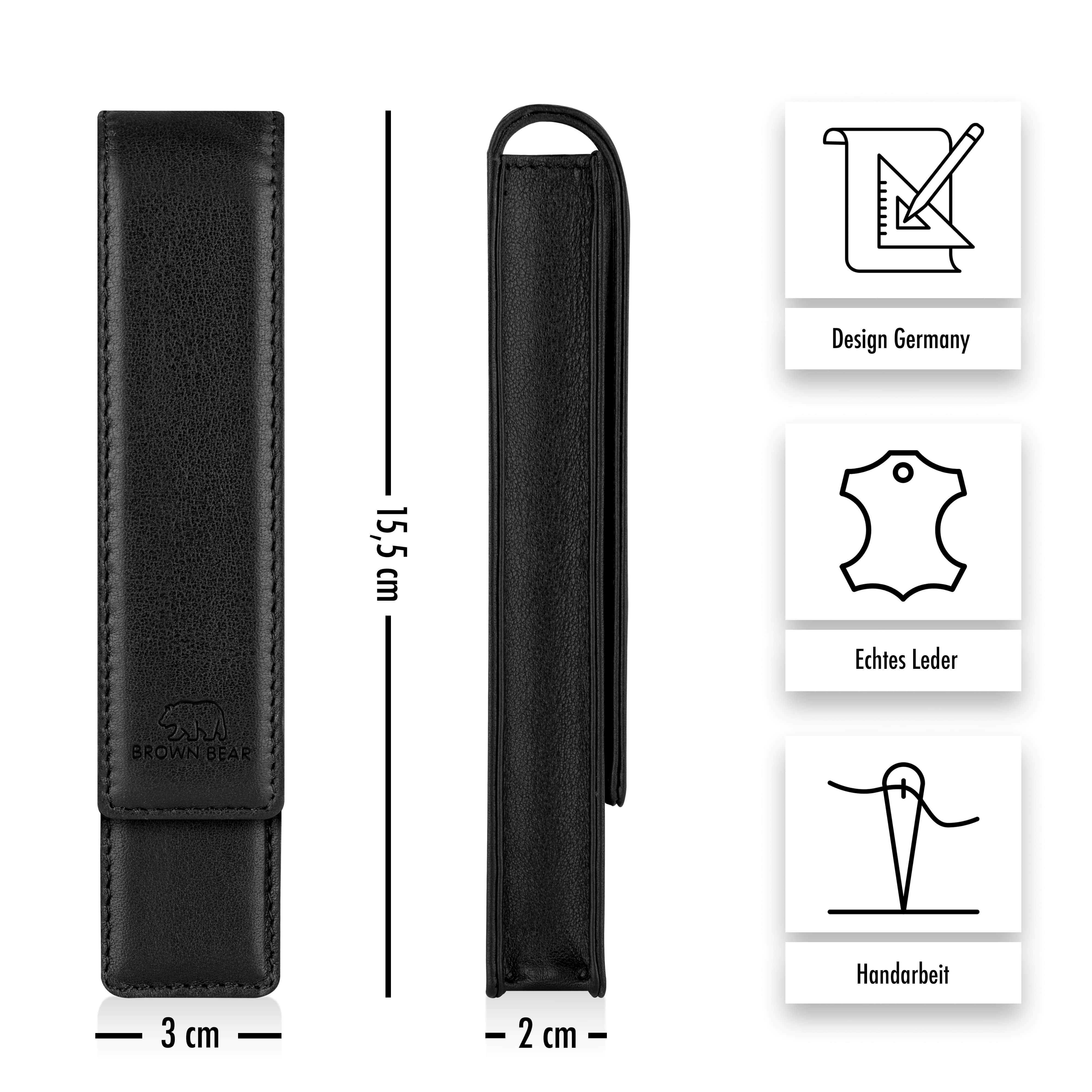 Brown Bear Schreibgeräteetui Golf 01 - aus Echtleder mit Magnetverschluss 1 Stift, für Kugelschreiber und Füller Schwarz Nappa