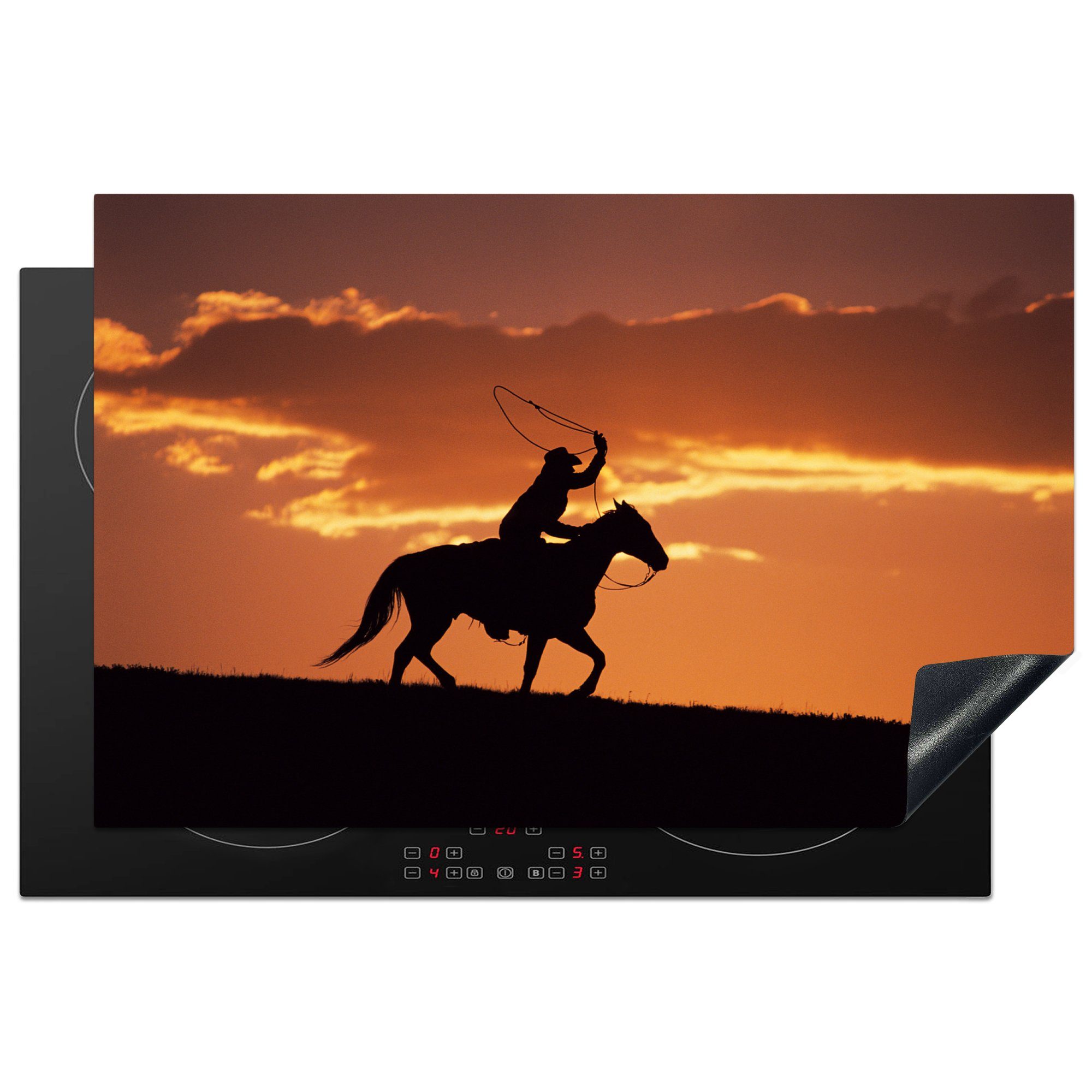 MuchoWow Herdblende-/Abdeckplatte Pferde - Cowboy - Orange, Vinyl, (1 tlg), 81x52 cm, Induktionskochfeld Schutz für die küche, Ceranfeldabdeckung