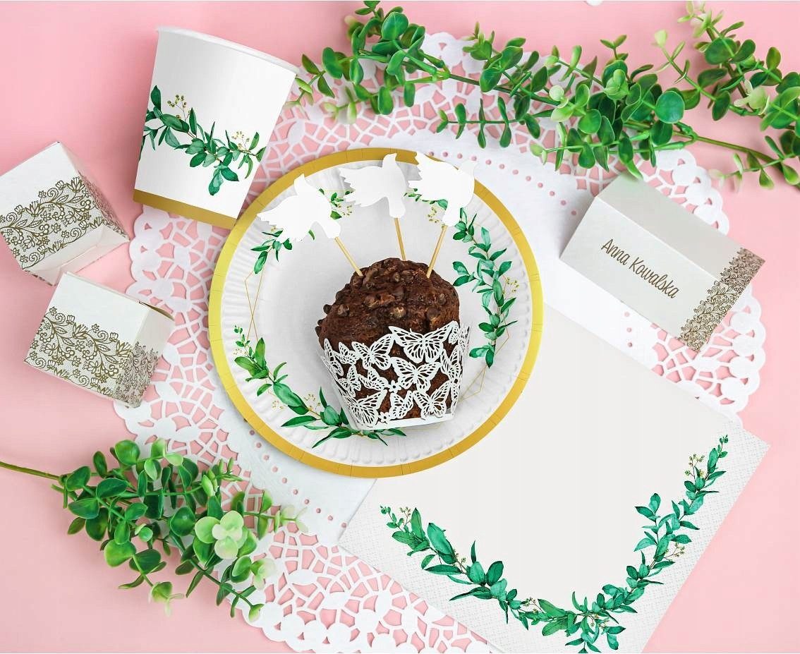 Festivalartikel Einwegteller Papierne Teller "Blätter" - 18 cm, 6 Stück - Erstkommunion Dekoration