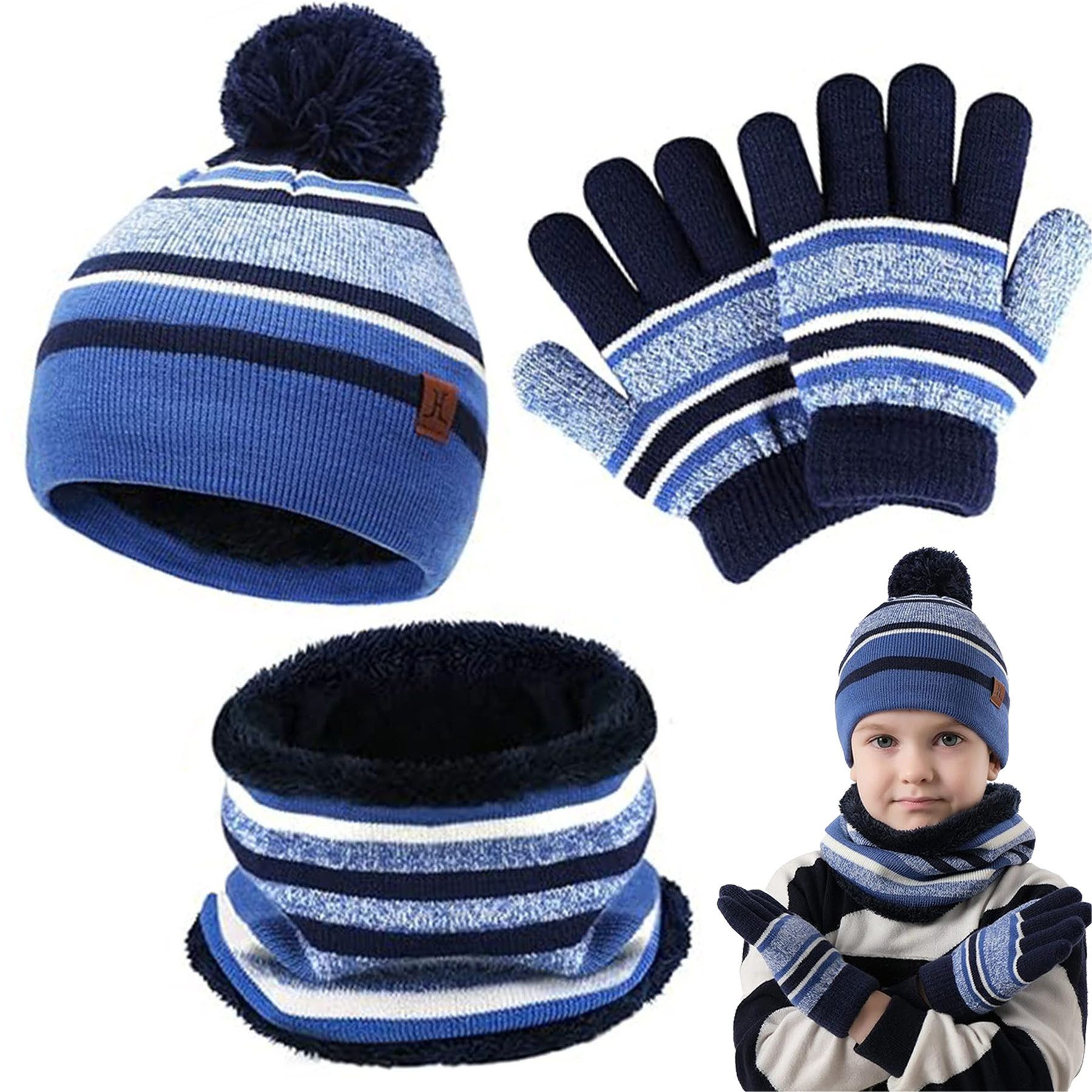 Mutig Mütze & Schal Winter Mütze Kinder Loop Schal Handschuhe 3-Set,Warm Bommelmütze (Winter Strickmütze, mit Plüsch Innenfutter für 3-6 Jahre Kleinkinder, Das Winter-Warmhalteset besteht aus Mütze, Handschuhen und Schal) Das Innere besteht aus weichem Fleece-Stoff, Wind effektiv abhalten